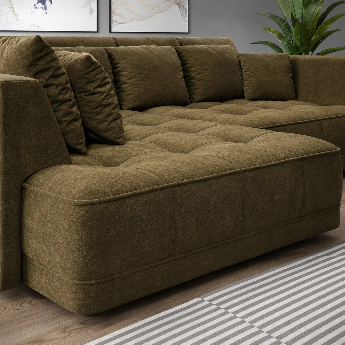 Coltar TIGA, sezlong stanga, stofa catifelata verde olive - Palladium 10, cu reglaj electric, 286x207x77 cm