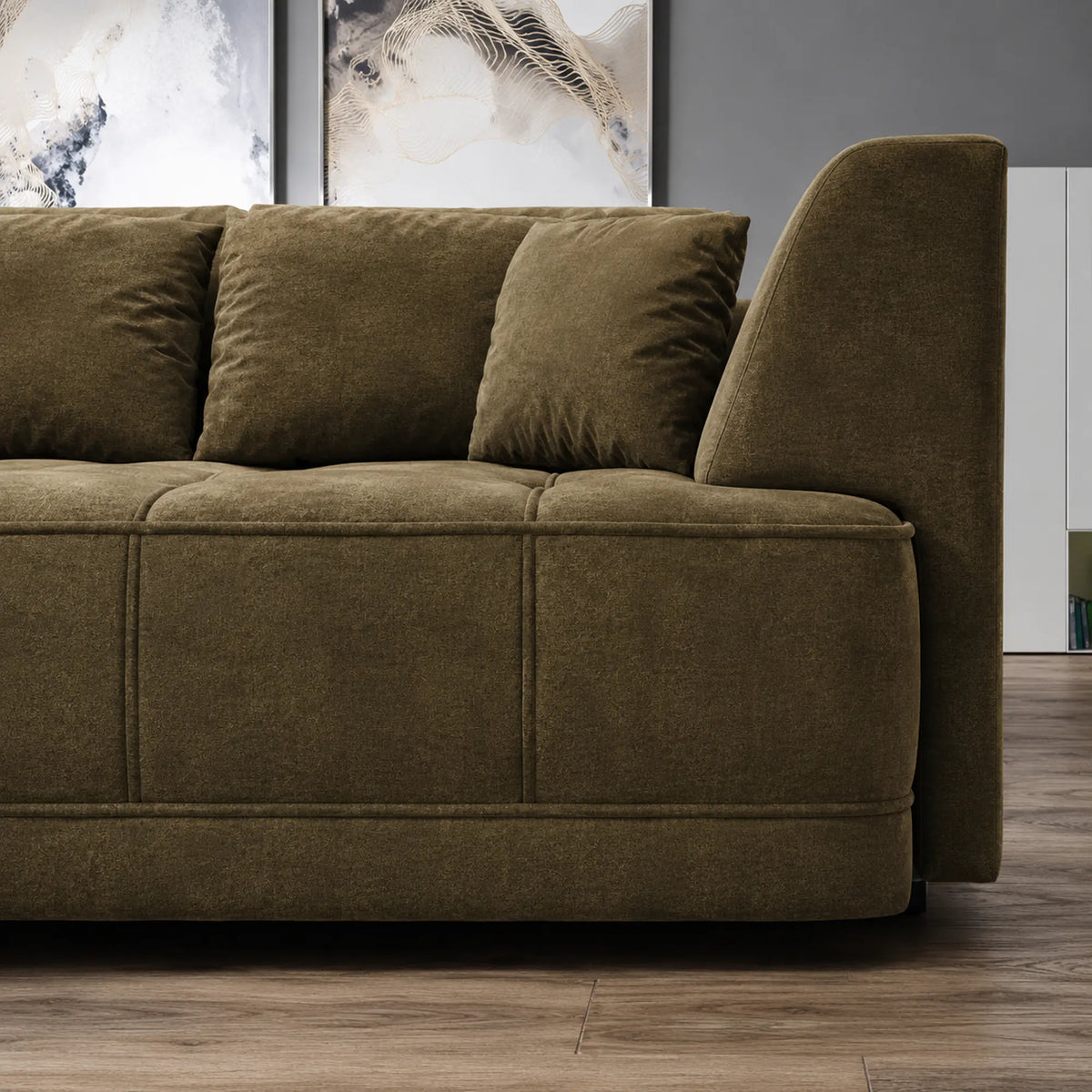 Coltar TIGA, sezlong stanga, stofa catifelata verde olive - Palladium 10, cu reglaj electric, 286x207x77 cm
