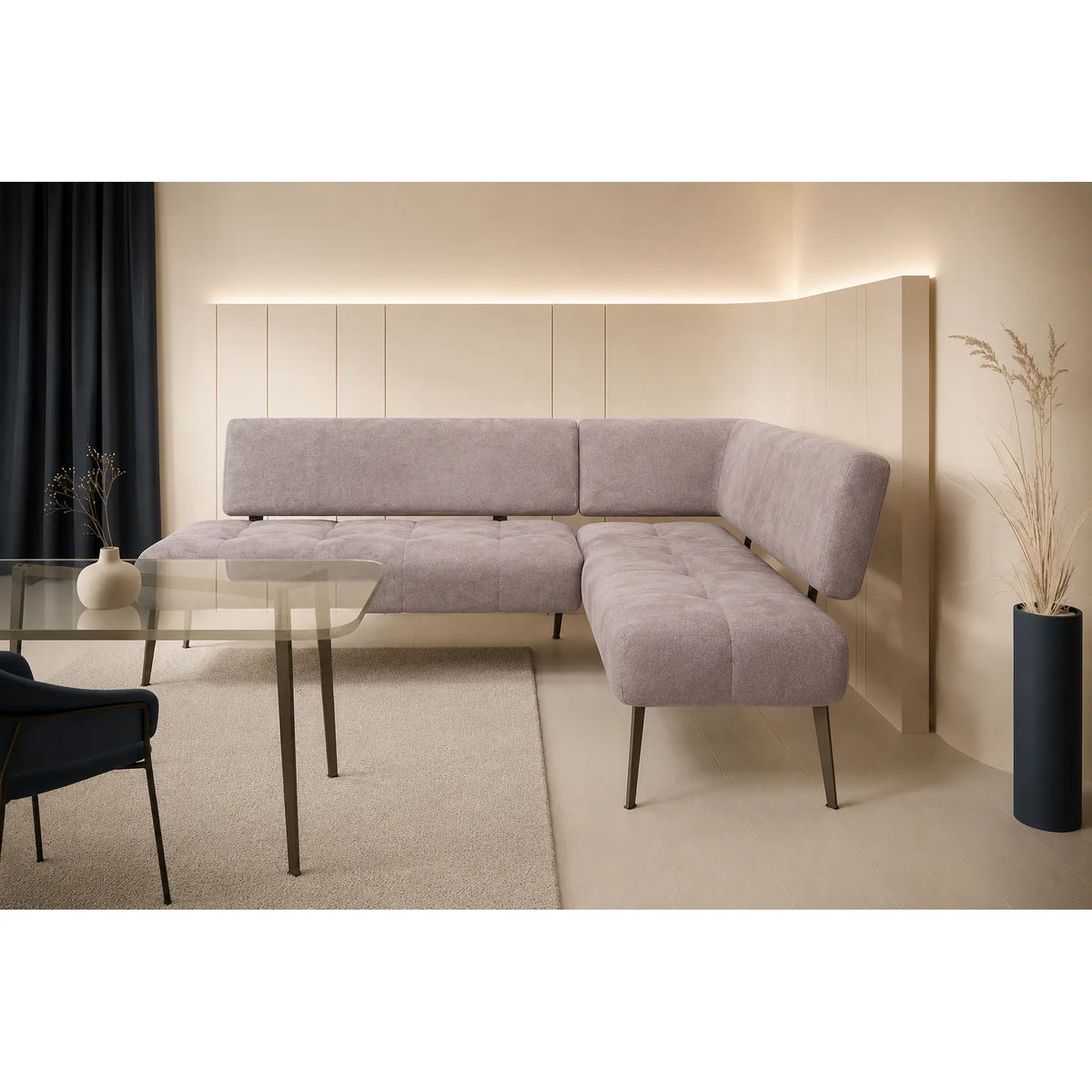 Coltar bucatarie MILO, sezlong dreapta, stofa catifelata bej - Whisper 3, 215X163X90 cm