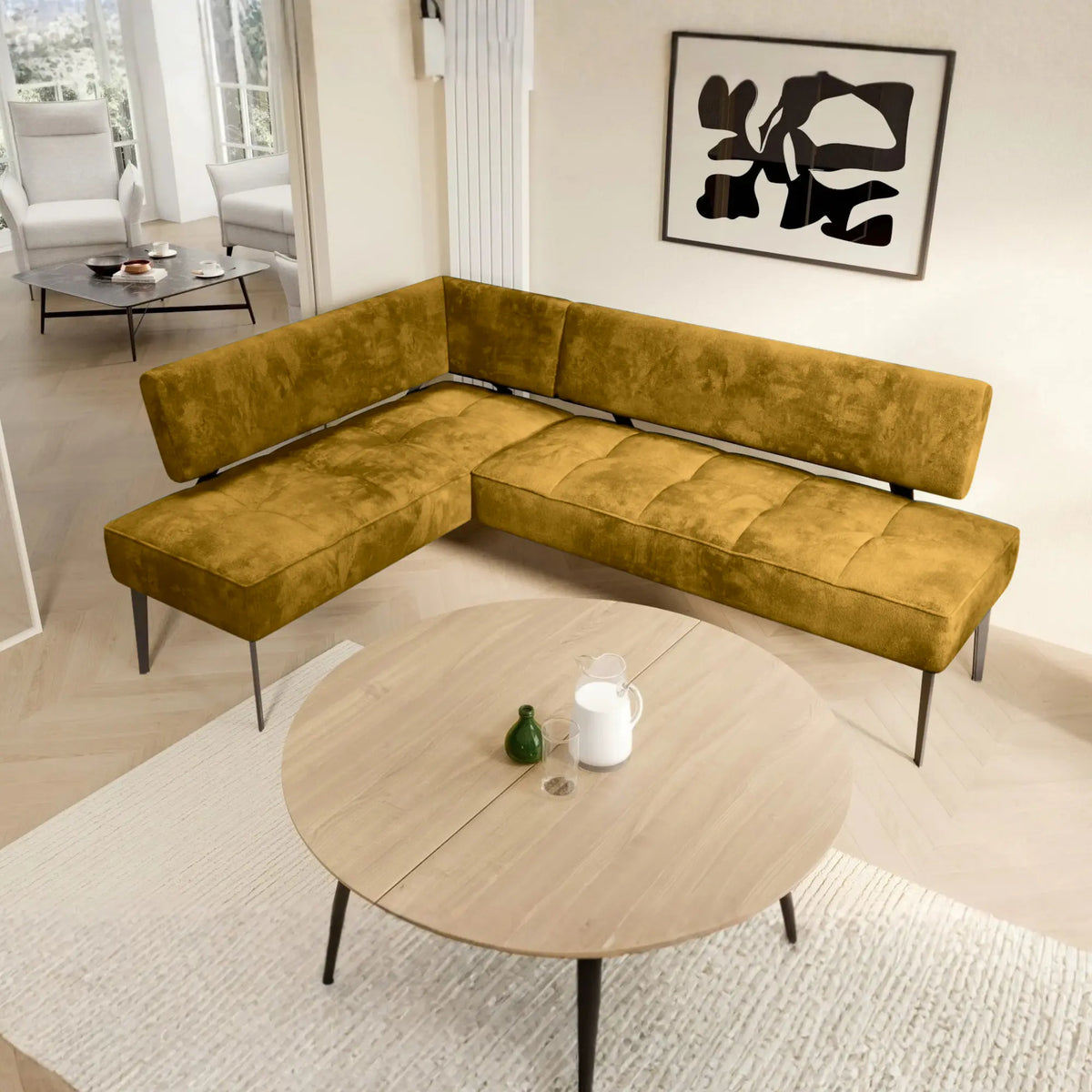 Coltar bucatarie BANCO, sezlong stanga, stofa catifelata galben - Salvador 09, 213x164x89 cm