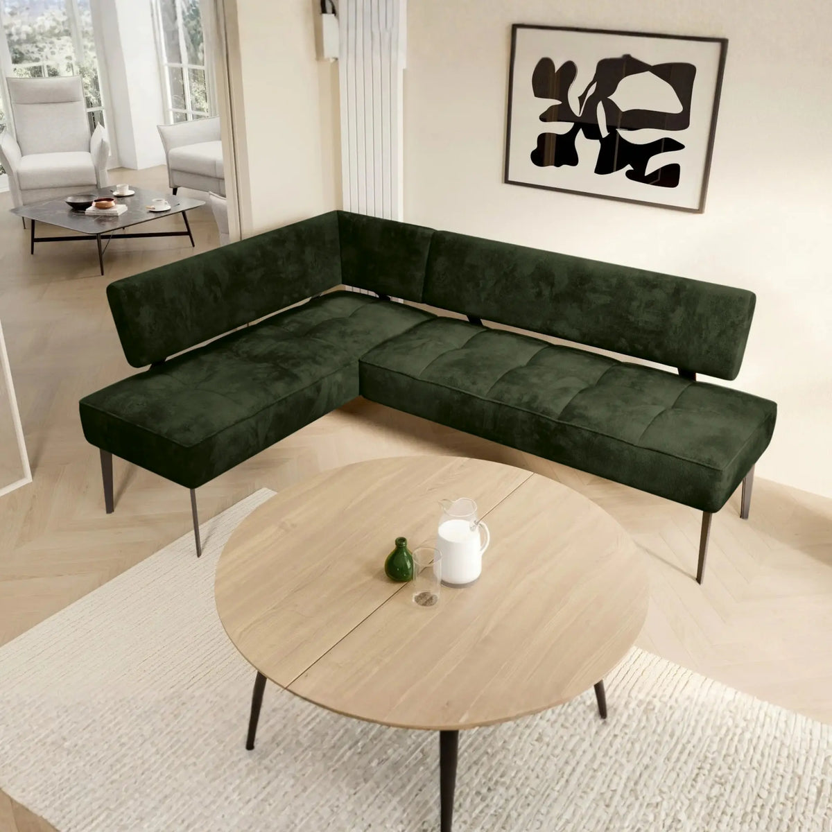 Coltar bucatarie BANCO, sezlong stanga, stofa catifelata verde inchis - Whisper 11, 213x164x89 cm
