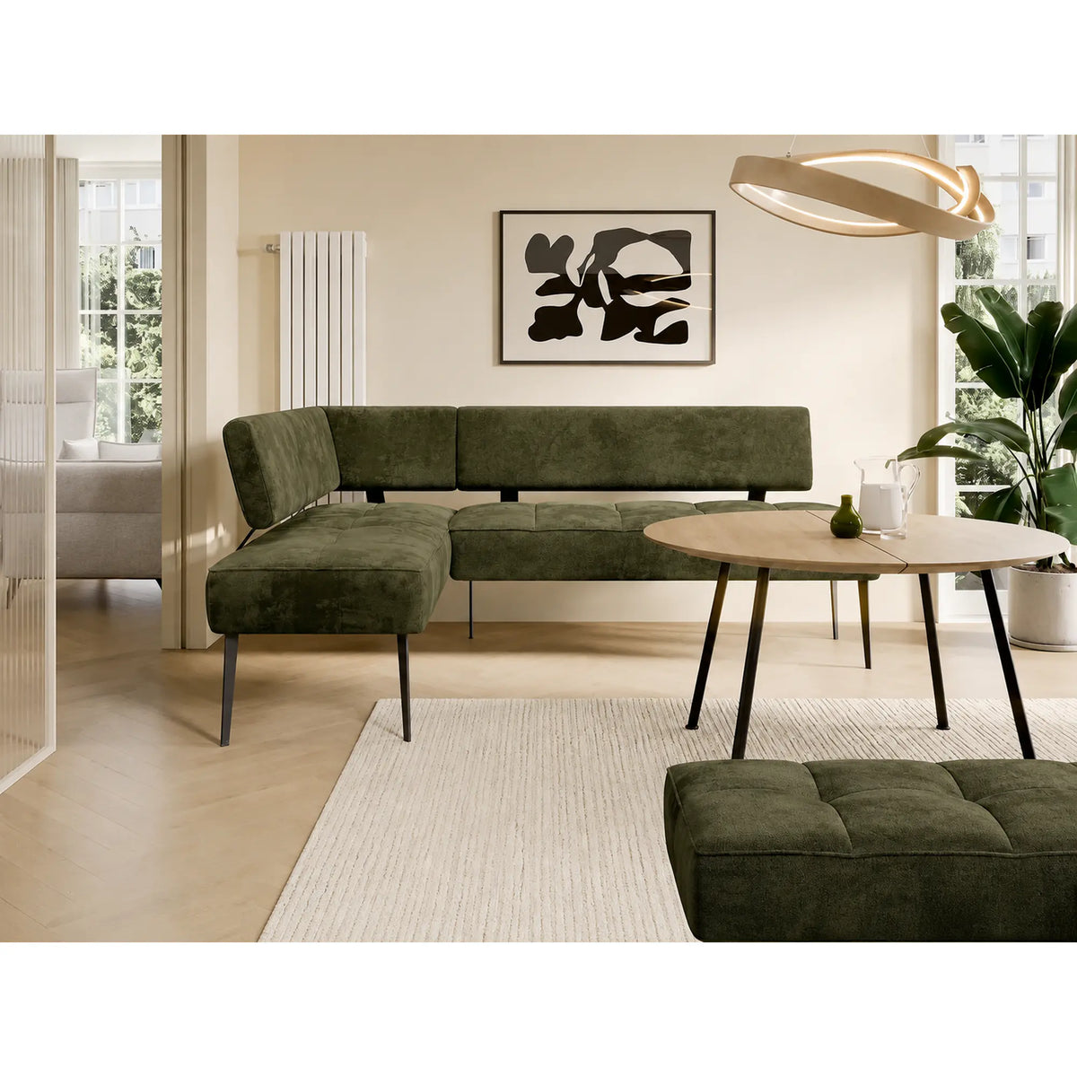 Coltar bucatarie BANCO, sezlong stanga, stofa catifelata verde inchis - Whisper 11, 213x164x89 cm