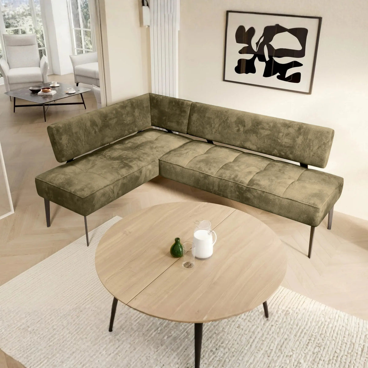 Coltar bucatarie BANCO, sezlong stanga, stofa catifelata verde olive - Salvador 10, 213x164x89 cm