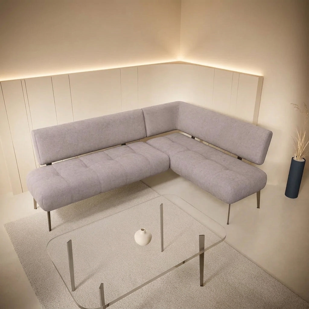 Coltar bucatarie MILO, sezlong dreapta, stofa catifelata bej - Whisper 3, 215X163X90 cm