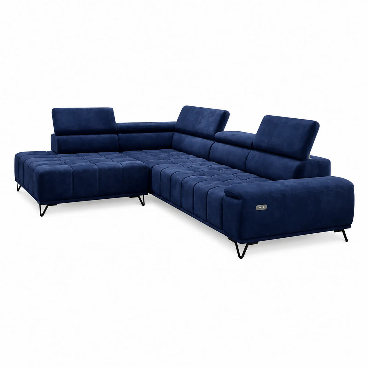 Coltar cu sezlong PALLADIO L, sezlong stanga, stofa catifelata albastru inchis - Riviera 81, cu reglaj electric si tetiere reglabile, 320x220x99 cm