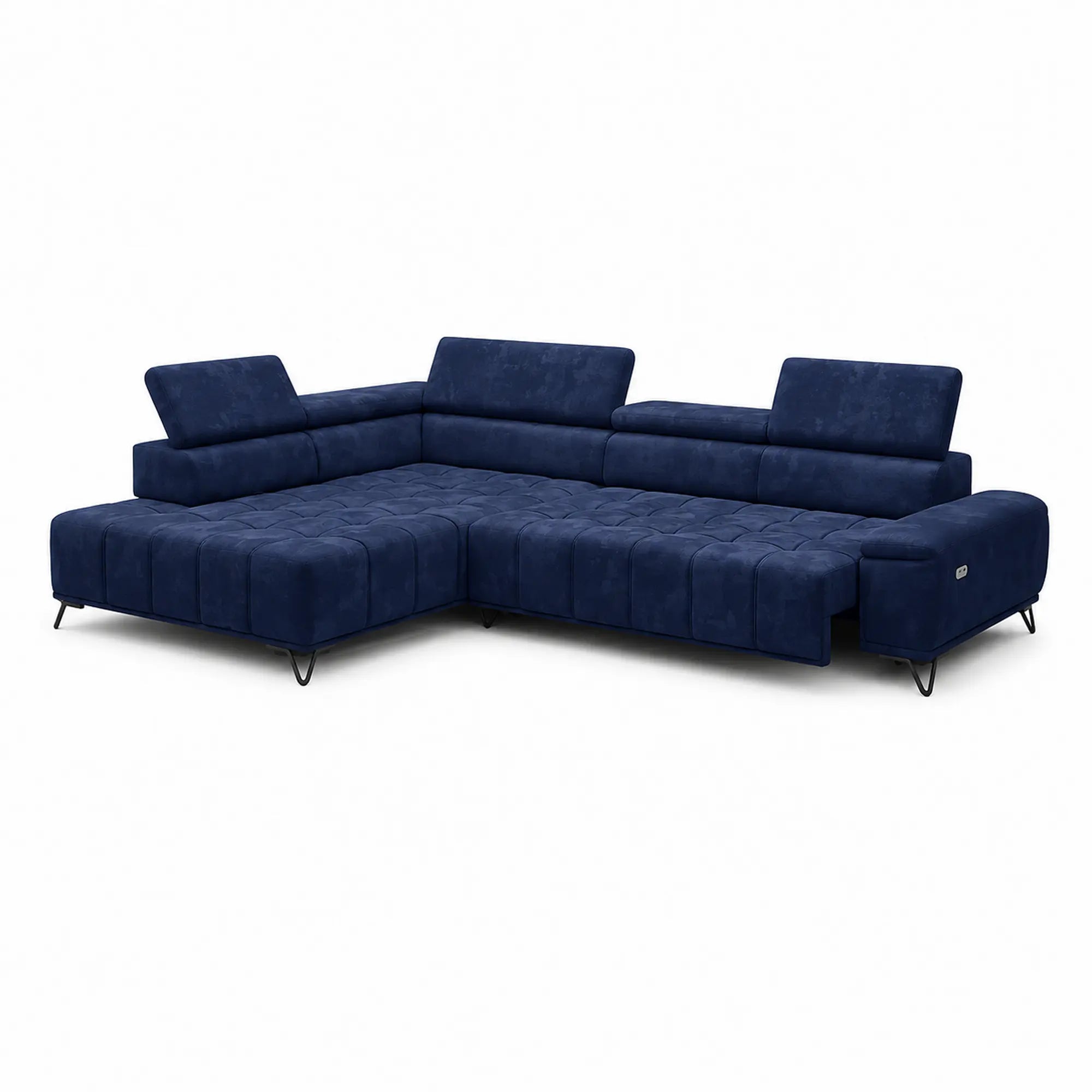 Coltar cu sezlong PALLADIO L, sezlong stanga, stofa catifelata albastru inchis - Riviera 81, cu reglaj electric si tetiere reglabile, 320x220x99 cm