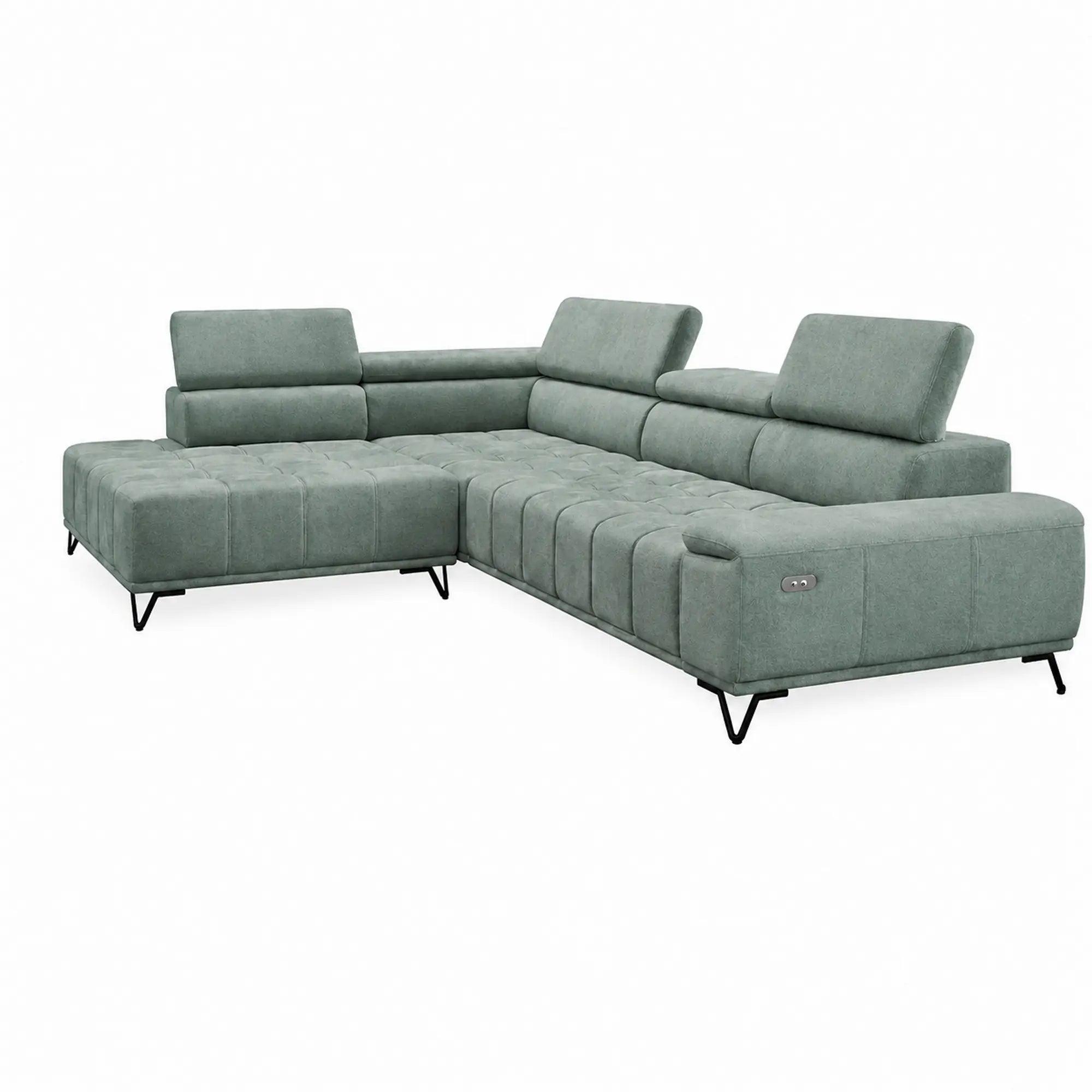Coltar cu sezlong PALLADIO L, sezlong stanga, stofa catifelata verde - Salvador 12, cu reglaj electric si tetiere reglabile, 320x220x99 cm