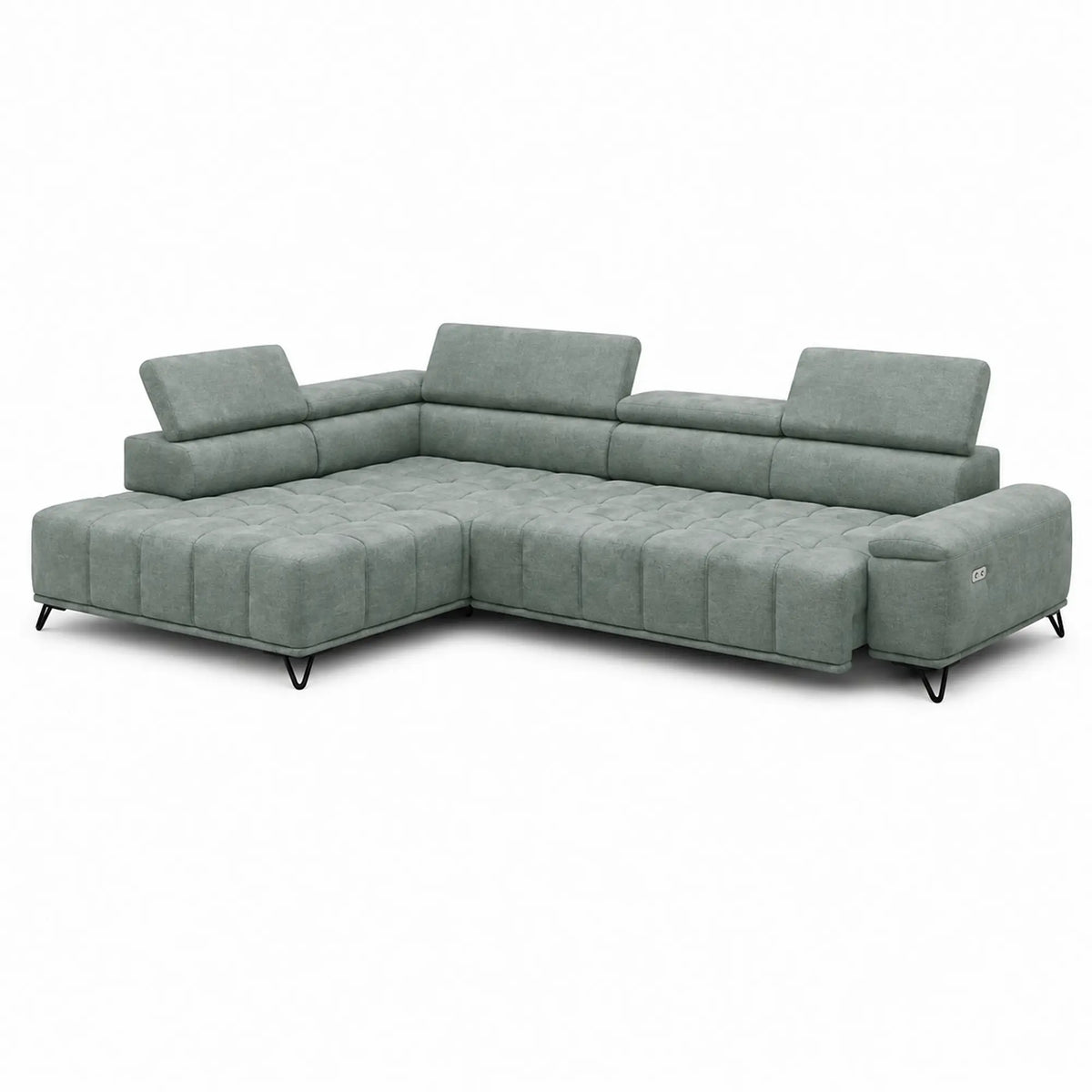 Coltar cu sezlong PALLADIO L, sezlong stanga, stofa catifelata verde - Salvador 12, cu reglaj electric si tetiere reglabile, 320x220x99 cm
