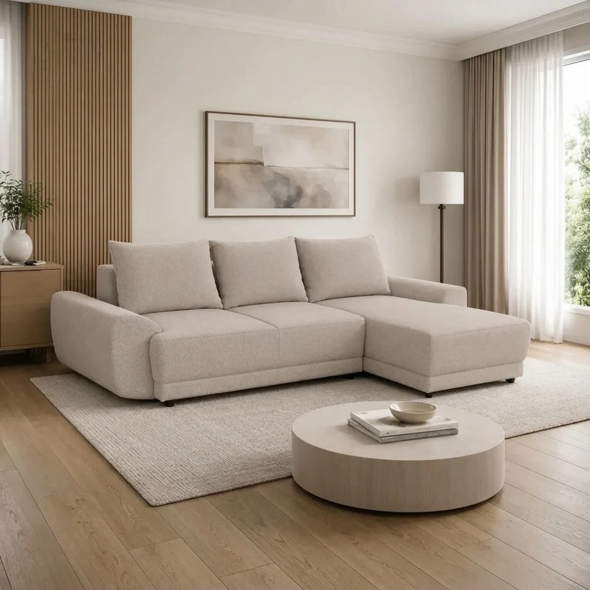 Coltar de living ASTOR, sezlong dreapta, stofa bej - New York G008, 254x150x83 cm