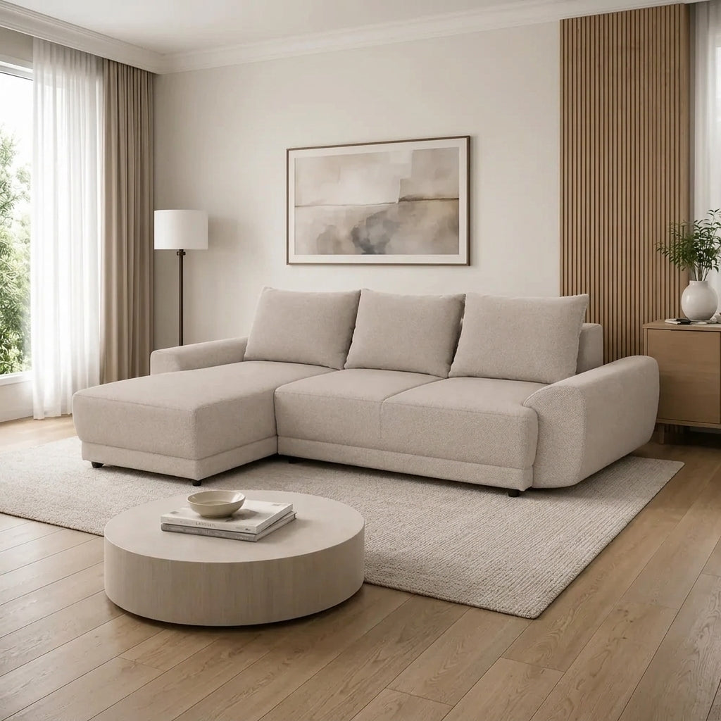 Coltar de living ASTOR, sezlong stanga, stofa bej - New York G008, 254x150x83 cm
