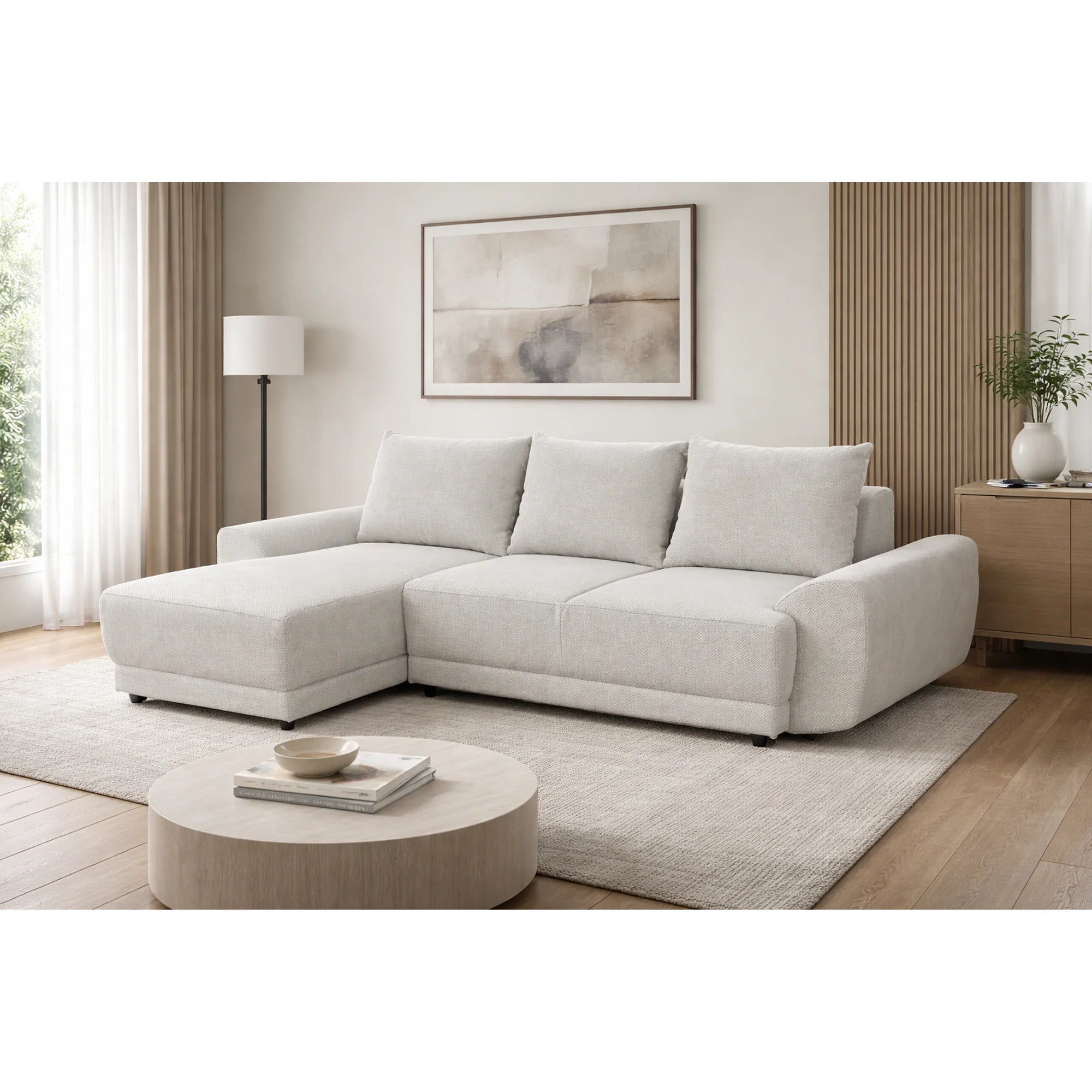 Coltar de living ASTOR, sezlong stanga, stofa bej - New York G008, 254x150x83 cm