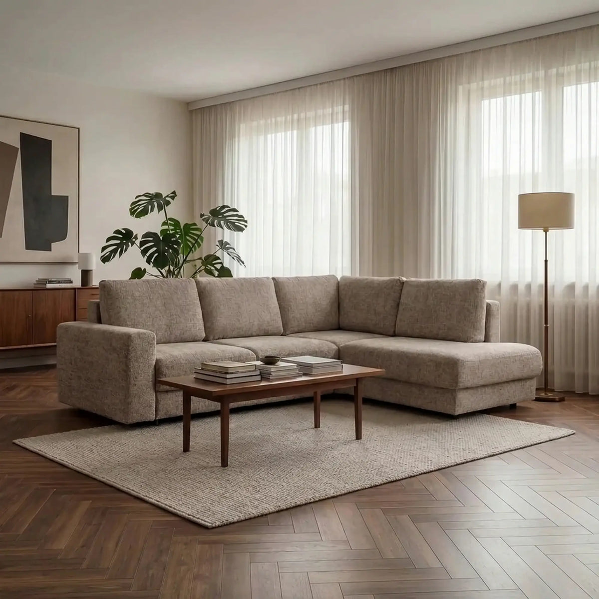 Coltar de living RINA L, sezlong dreapta, stofa bej - Cremona 02, cu lada depozitare, 272x215x86 cm