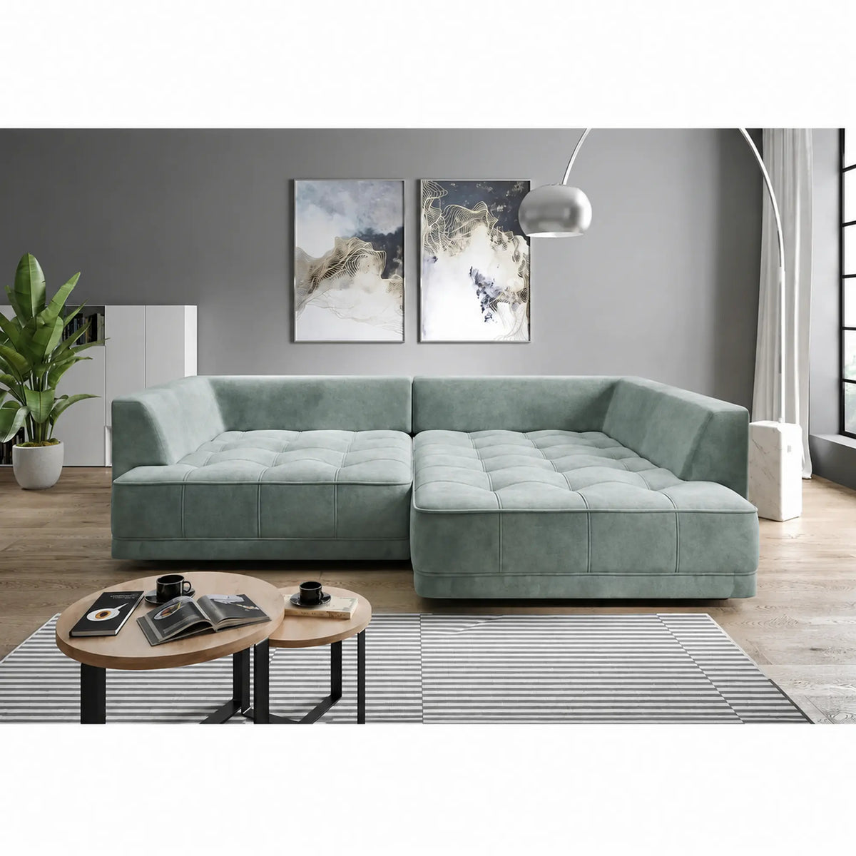 Coltar de living TIGA, sezlong dreapta, stofa catifelata verde menta - Salvador 12, cu reglaj electric, 286x207x77 cm