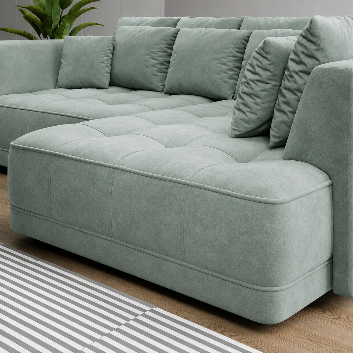 Coltar de living TIGA, sezlong dreapta, stofa catifelata verde menta - Salvador 12, cu reglaj electric, 286x207x77 cm