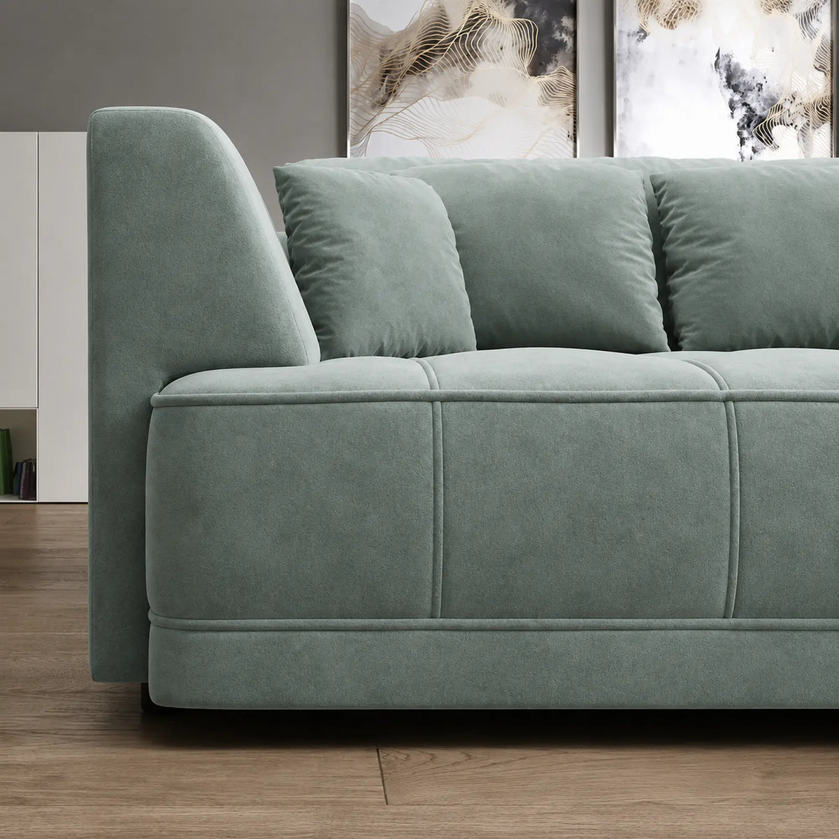 Coltar de living TIGA, sezlong dreapta, stofa catifelata verde menta - Salvador 12, cu reglaj electric, 286x207x77 cm