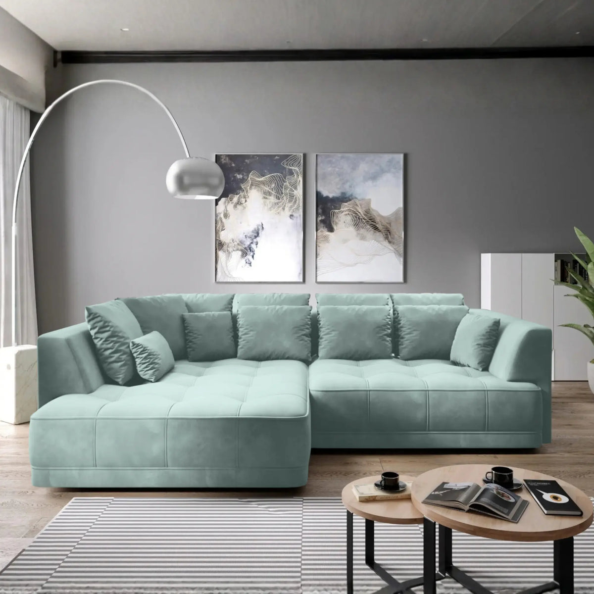 Coltar de living TIGA, sezlong stanga, stofa catifelata verde menta - Salvador 12, cu reglaj electric, 286x207x77 cm