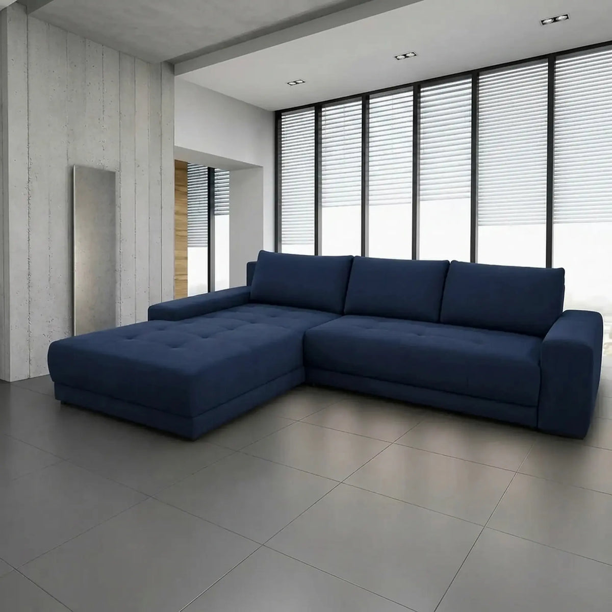 Coltar de living extensibil ADRIA, universal, stofa catifelata albastru - Monolith 77, cu lada depozitare, 308x213x90 cm