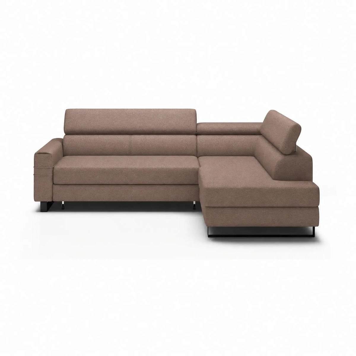 Coltar extensibil LIVIO, sezlong dreapta, stofa catifelata cappuccino - Palladium 04, cu lada depozitare si tetiere reglabile, 249x184x90 cm