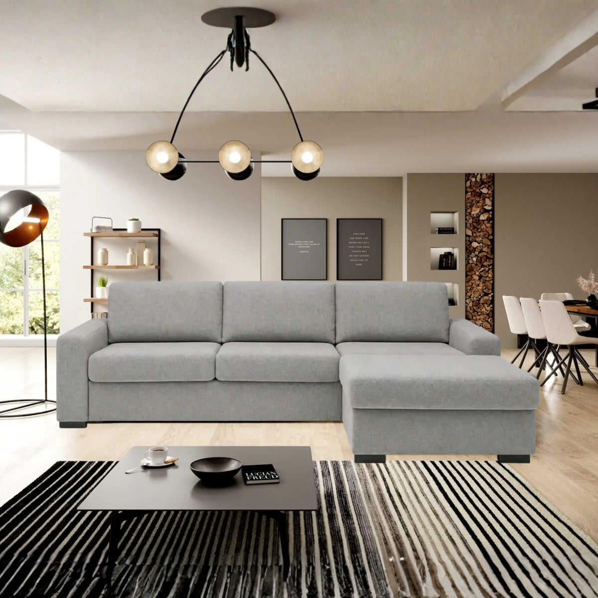 Coltar extensibil 160x200 VANILLA CORNER, sezlong dreapta, stofa catifelata gri - Salvador 14, cu lada depozitare, 303x173x87 cm