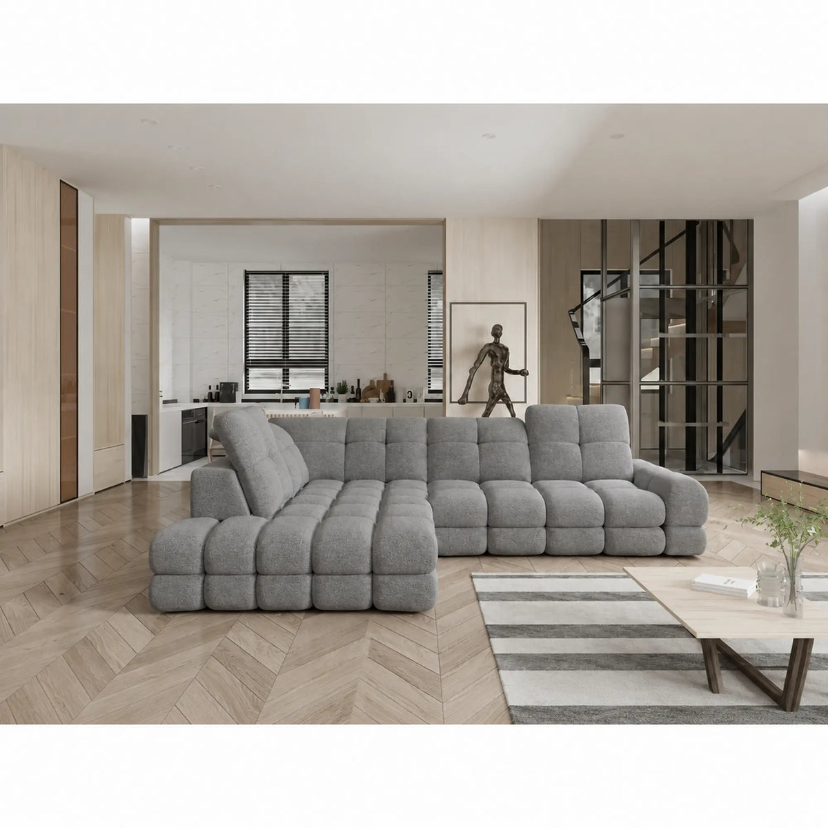 Coltar extensibil 3m TOLLO L, sezlong stanga, stofa catifelata gri - Riviera 91, cu lada depozitare si reglaj electric, 302x217x105 cm