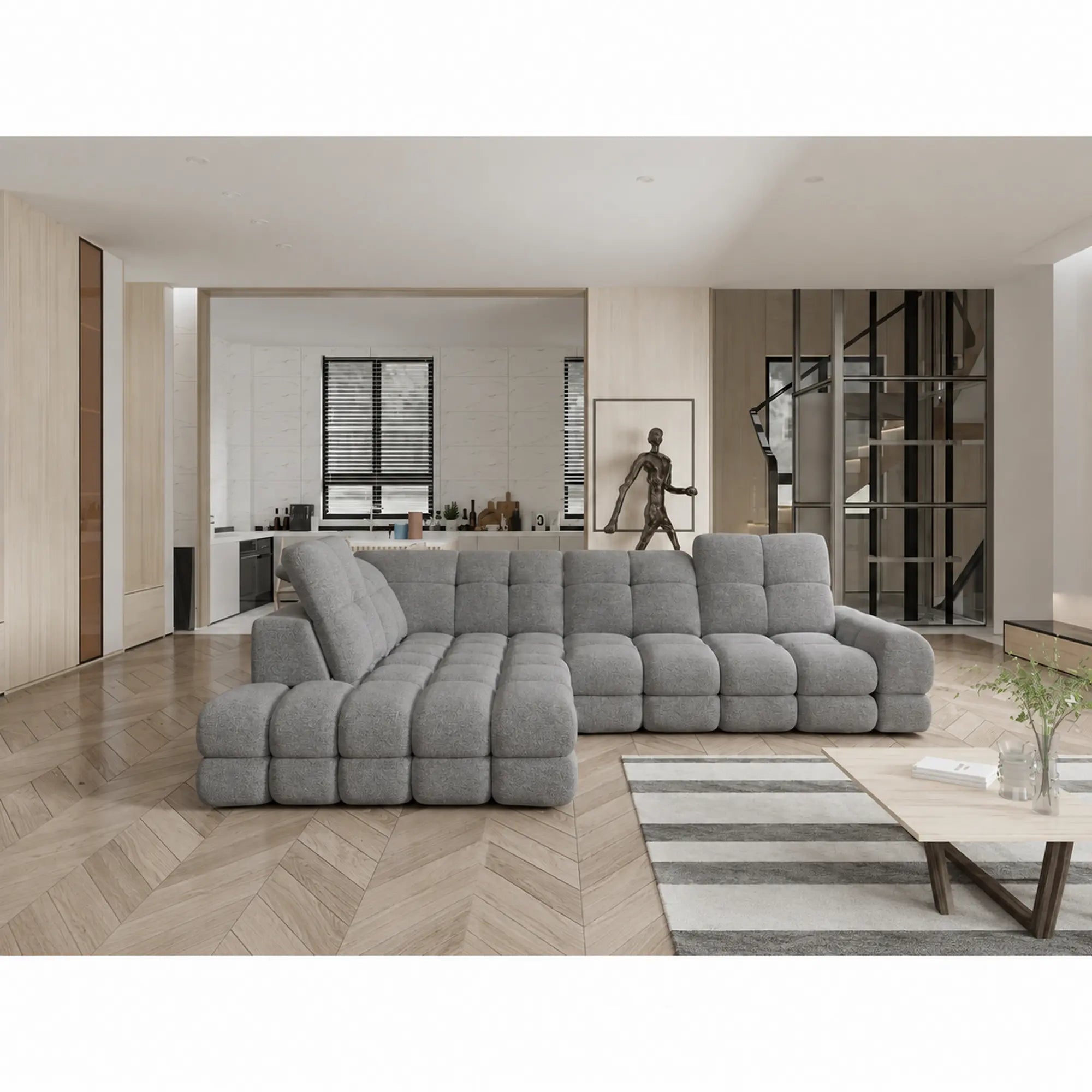 Coltar extensibil 3m TOLLO L, sezlong stanga, stofa catifelata gri - Riviera 91, cu lada depozitare si reglaj electric, 302x217x105 cm