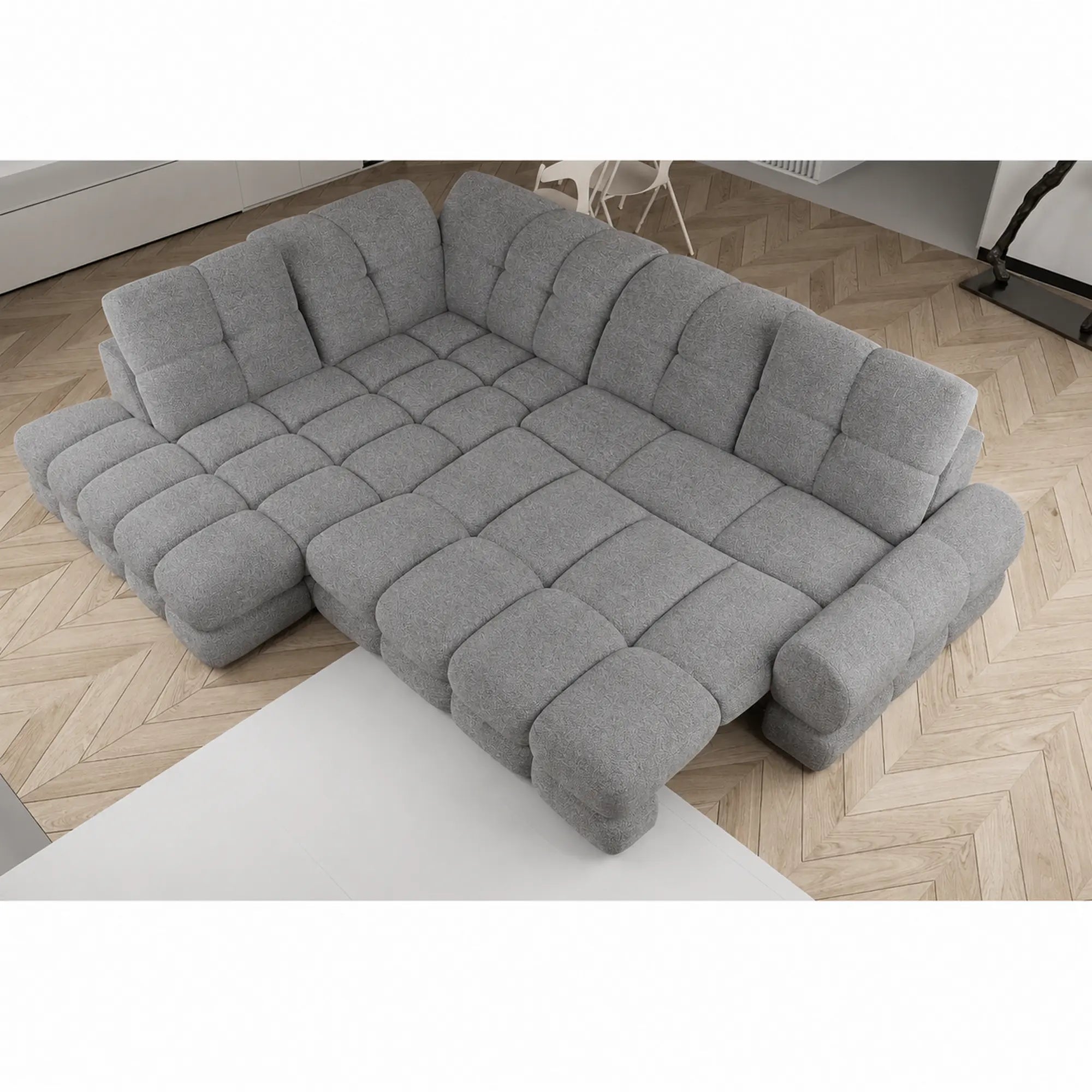 Coltar extensibil 3m TOLLO L, sezlong stanga, stofa catifelata gri - Riviera 91, cu lada depozitare si reglaj electric, 302x217x105 cm