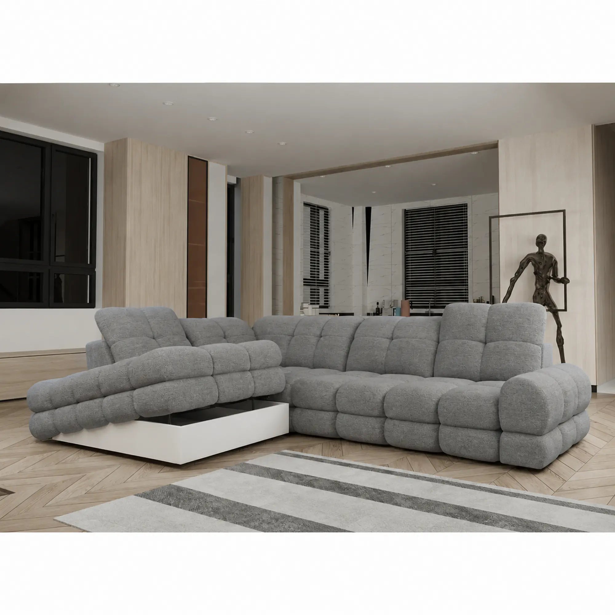 Coltar extensibil 3m TOLLO L, sezlong stanga, stofa catifelata gri - Riviera 91, cu lada depozitare si reglaj electric, 302x217x105 cm