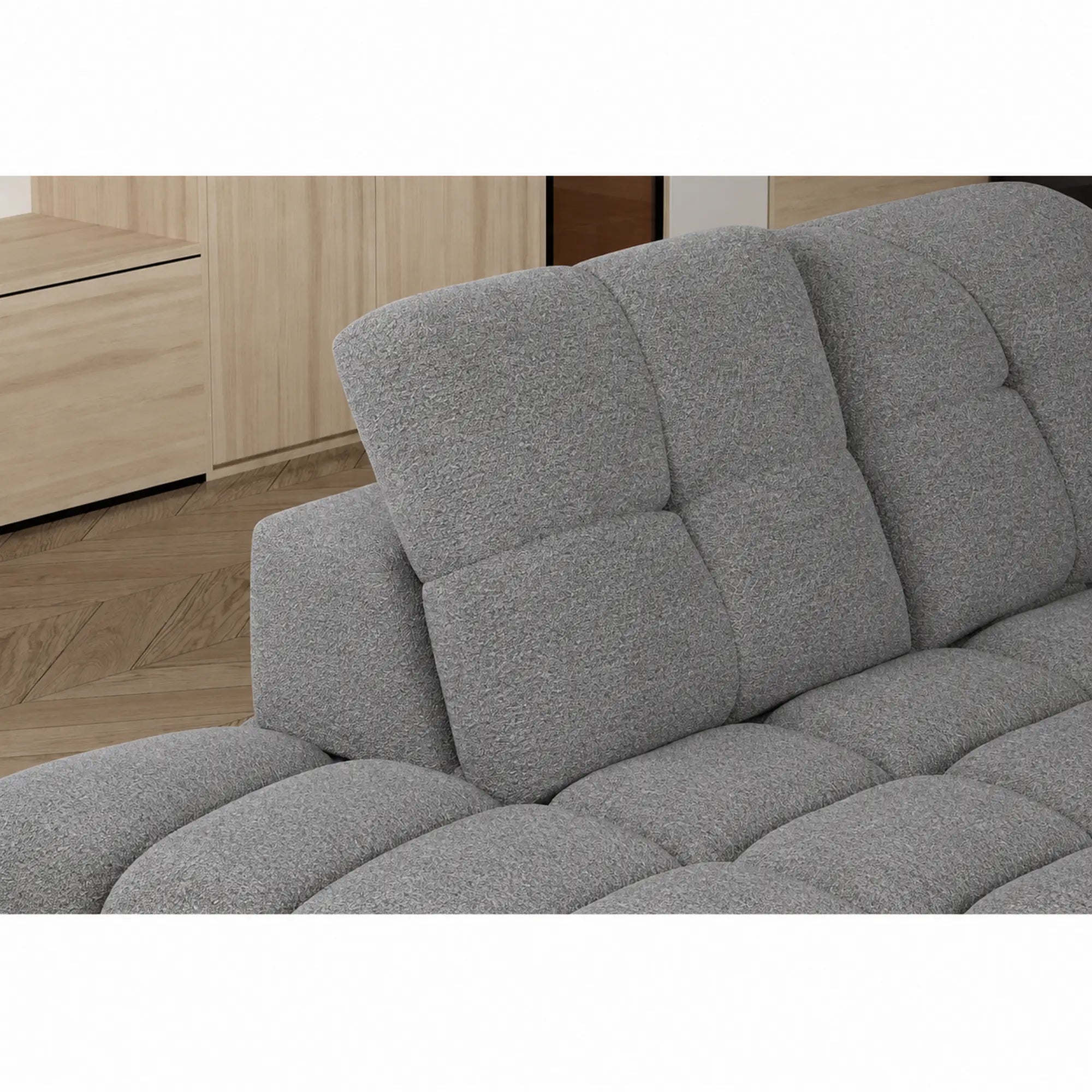 Coltar extensibil 3m TOLLO L, sezlong stanga, stofa catifelata gri - Riviera 91, cu lada depozitare si reglaj electric, 302x217x105 cm