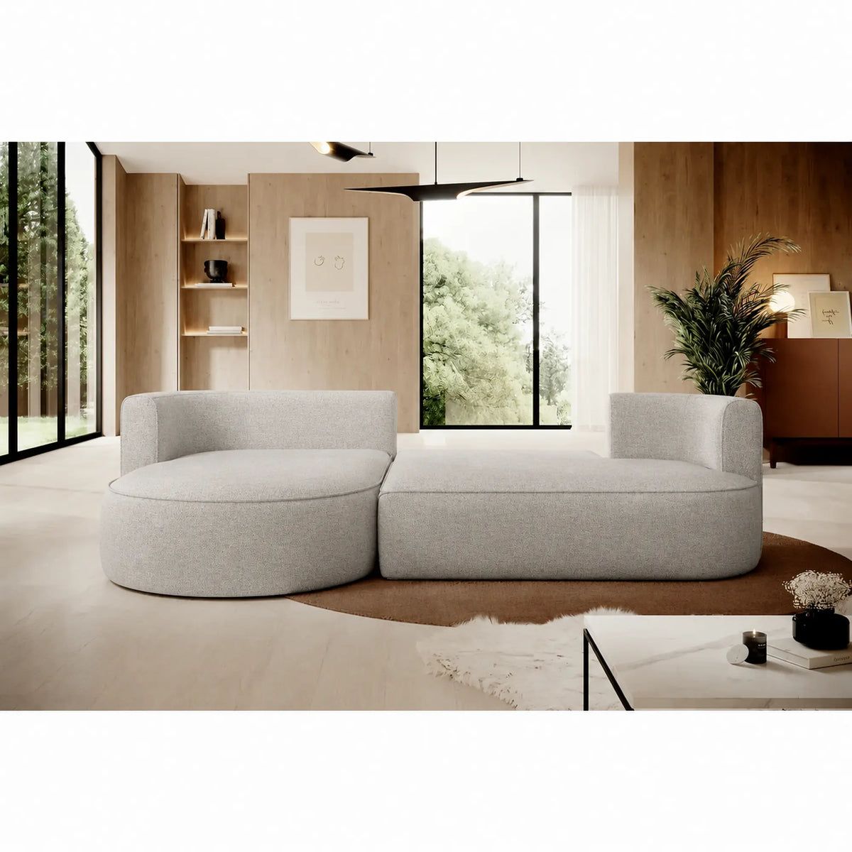 Coltar extensibil 4 locuri FIORE, sezlong stanga, stofa catifelata bej - Palladium 02, cu lada depozitare, 284x183x82 cm