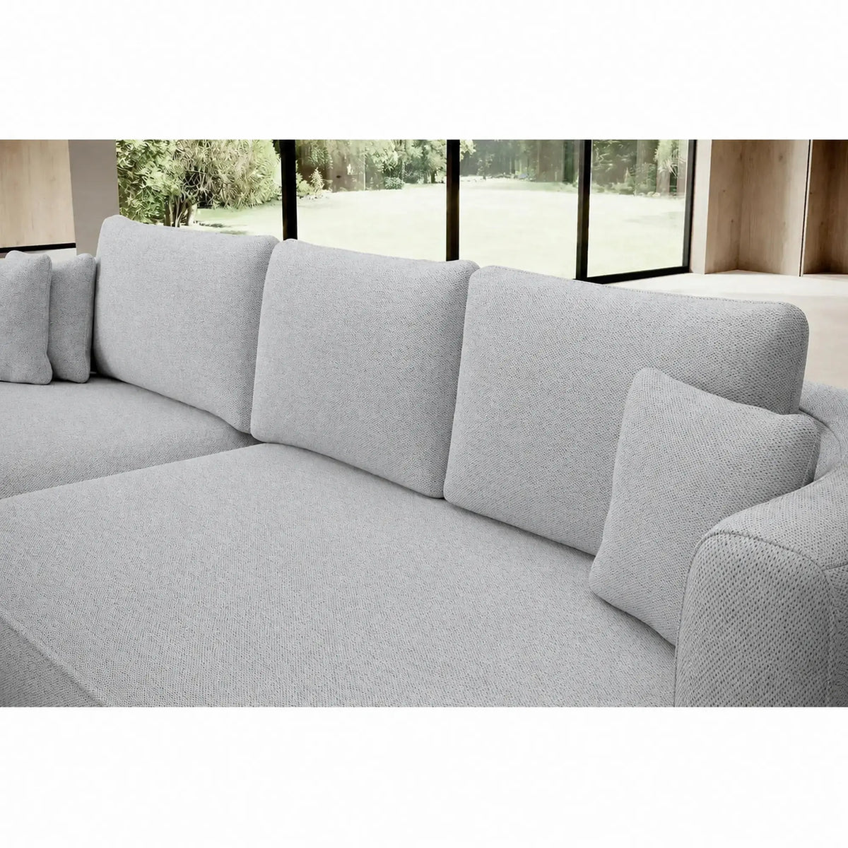 Coltar extensibil 4 locuri FIORE, sezlong stanga, stofa catifelata bej - Palladium 02, cu lada depozitare, 284x183x82 cm