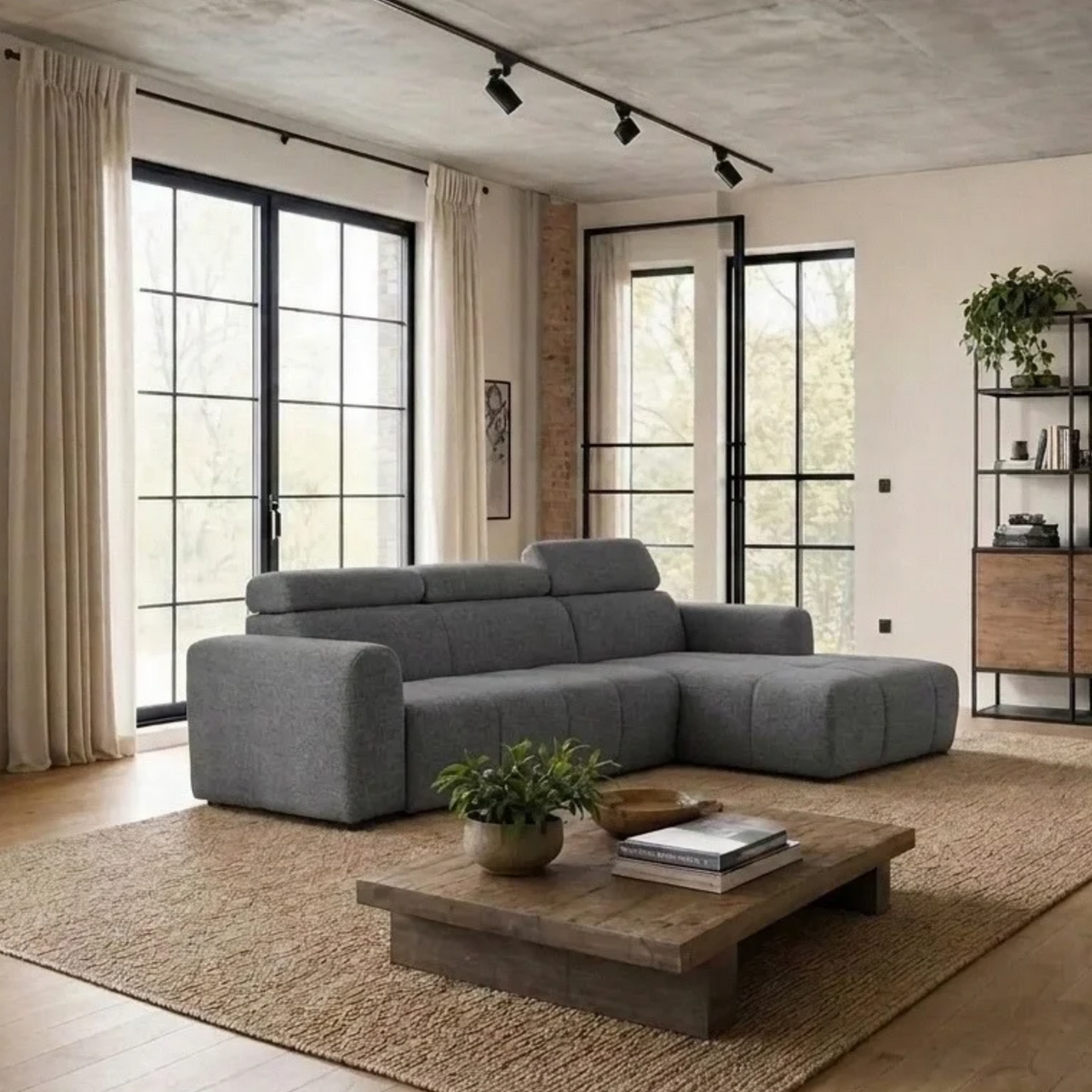 Coltar extensibil 5 locuri LIRRA, sezlong dreapta, stofa gri - Cremona 95, cu lada depozitare, 300x185x84 cm