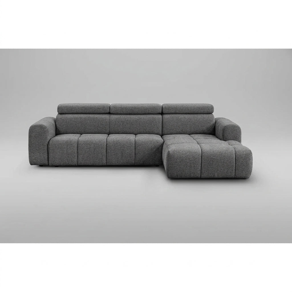 Coltar extensibil 5 locuri LIRRA, sezlong dreapta, stofa gri - Cremona 95, cu lada depozitare, 300x185x84 cm