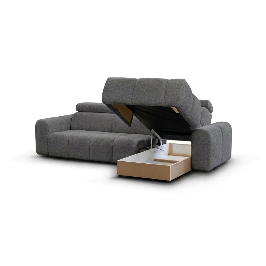 Coltar extensibil 5 locuri LIRRA, sezlong dreapta, stofa gri - Cremona 95, cu lada depozitare, 300x185x84 cm