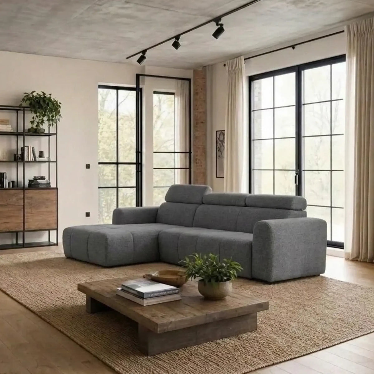 Coltar extensibil 5 locuri LIRRA, sezlong stanga, stofa gri - Cremona 95, cu lada depozitare, 300x185x84 cm