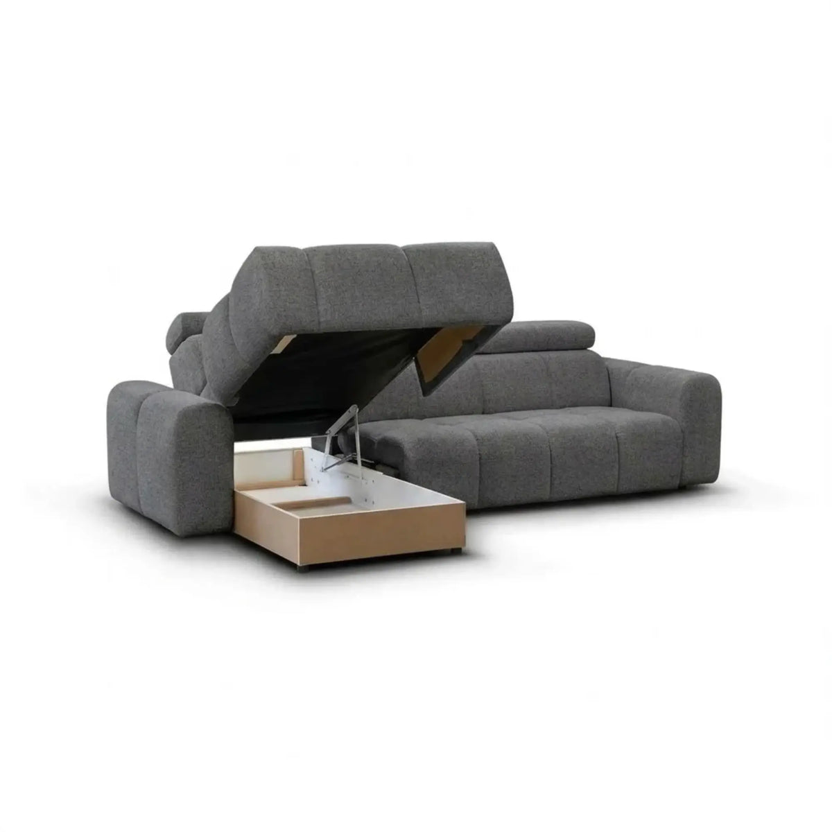Coltar extensibil 5 locuri LIRRA, sezlong stanga, stofa gri - Cremona 95, cu lada depozitare, 300x185x84 cm