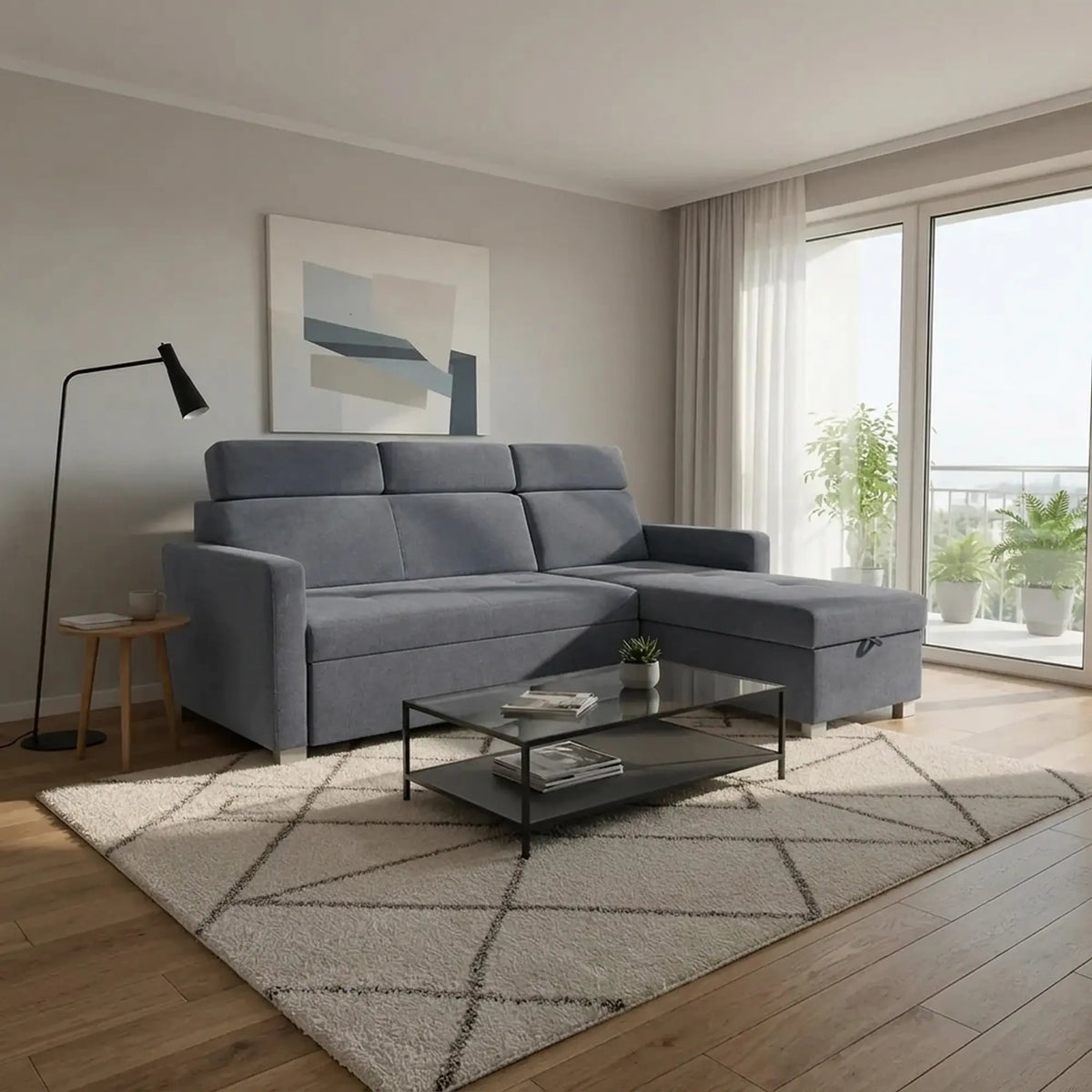 Coltar extensibil BRICO, universal, stofa catifelata gri - Element 23, cu lada depozitare, 204x168x99 cm