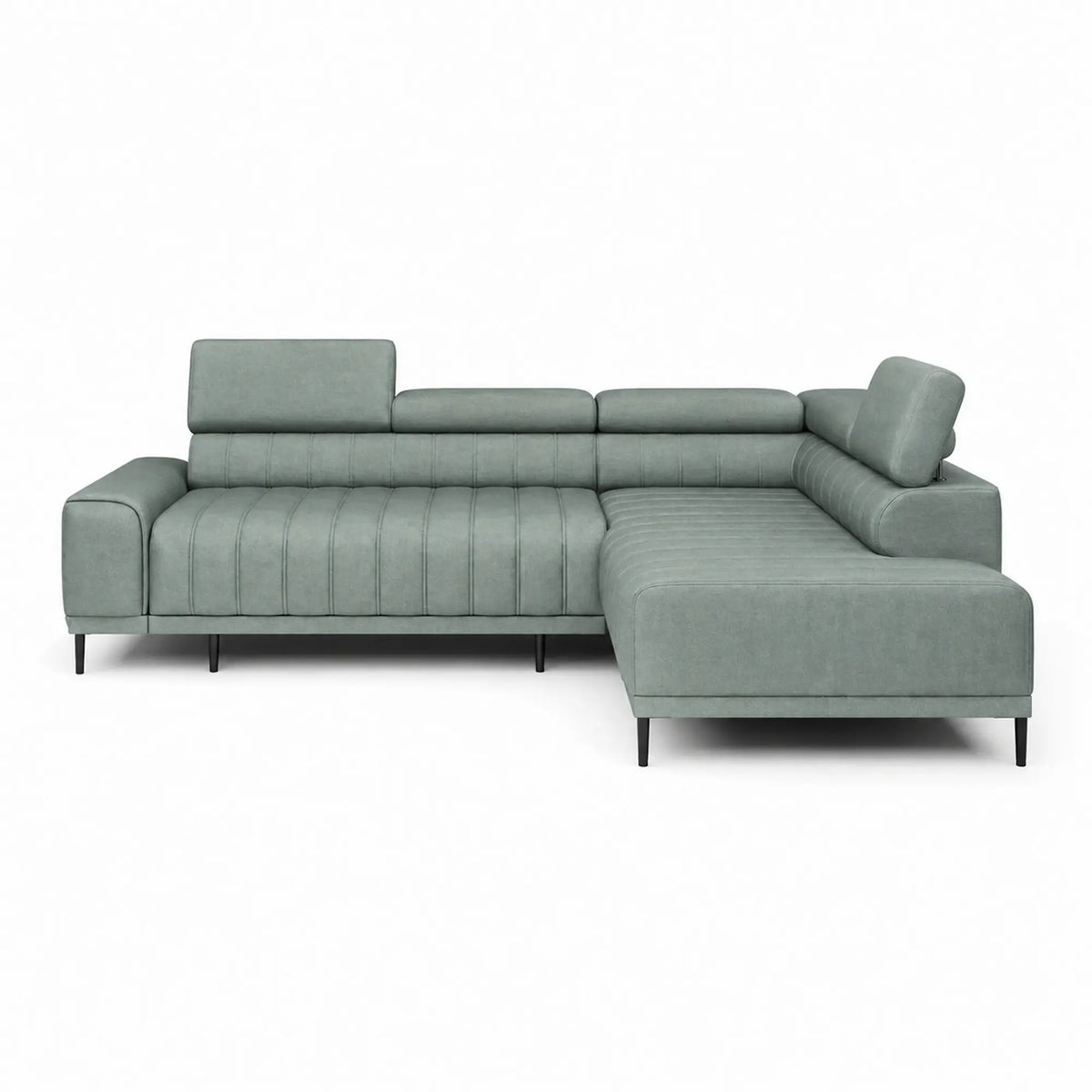 Coltar extensibil CALDO L, sezlong dreapta, stofa catifelata verde menta - Salvador 12, cu lada depozitare si tetiere reglabile,  268x200x99 cm