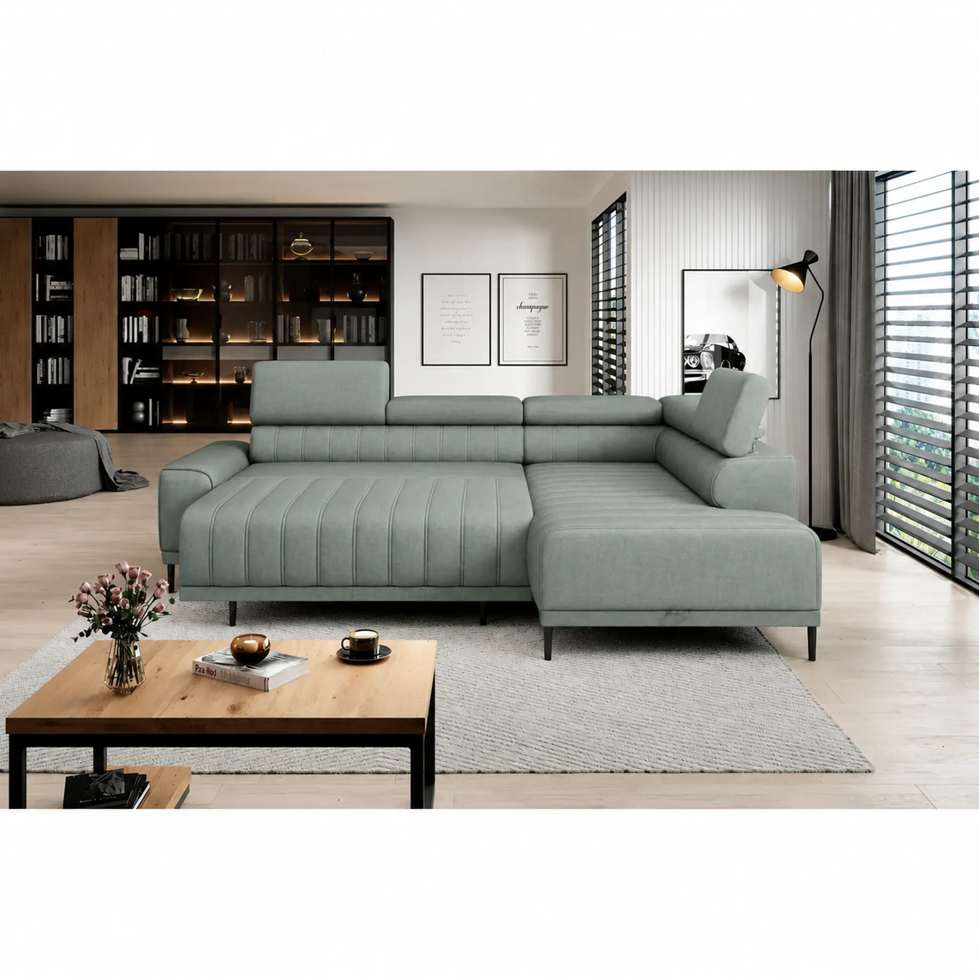 Coltar extensibil CALDO L, sezlong dreapta, stofa catifelata verde menta - Salvador 12, cu lada depozitare si tetiere reglabile,  268x200x99 cm