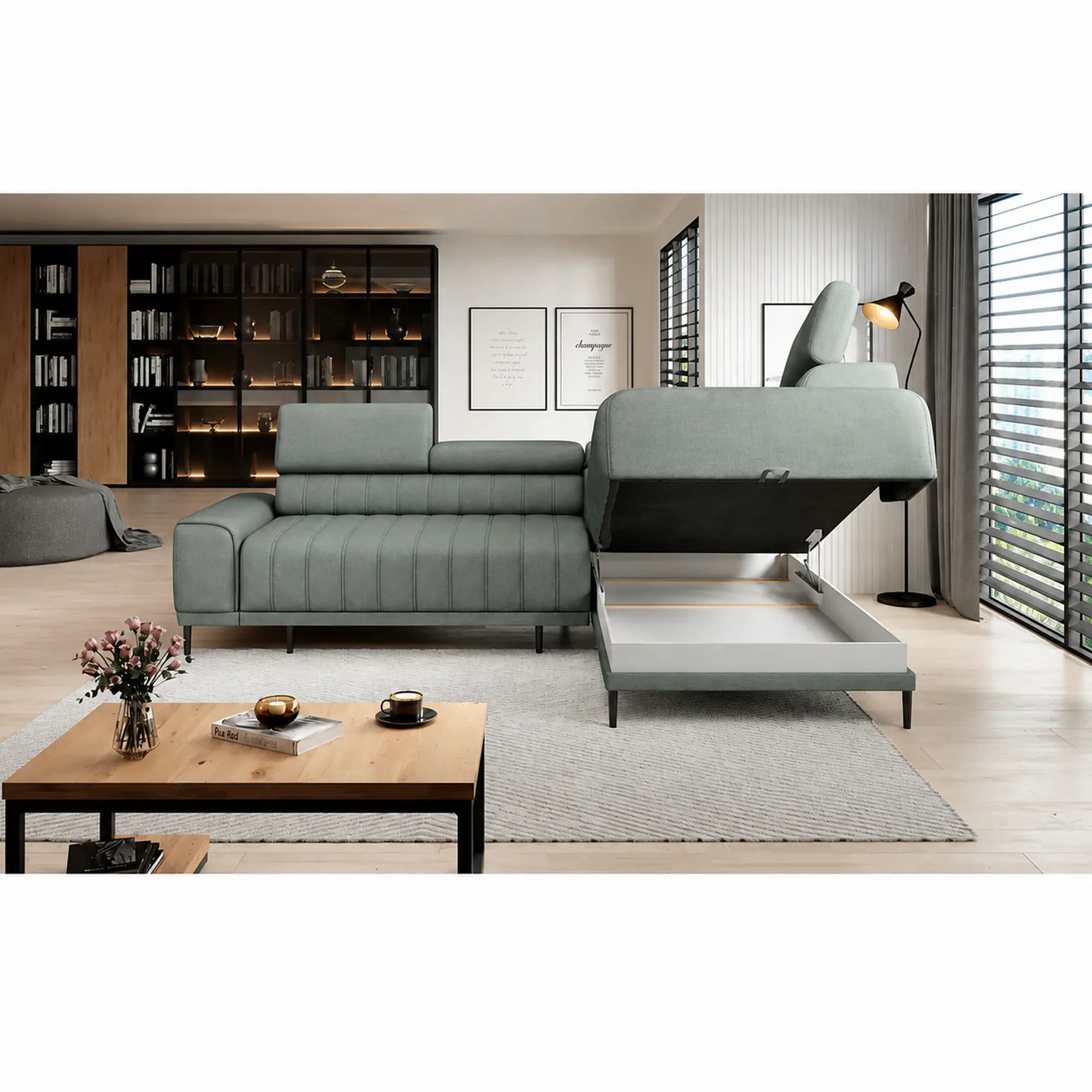 Coltar extensibil CALDO L, sezlong dreapta, stofa catifelata verde menta - Salvador 12, cu lada depozitare si tetiere reglabile,  268x200x99 cm