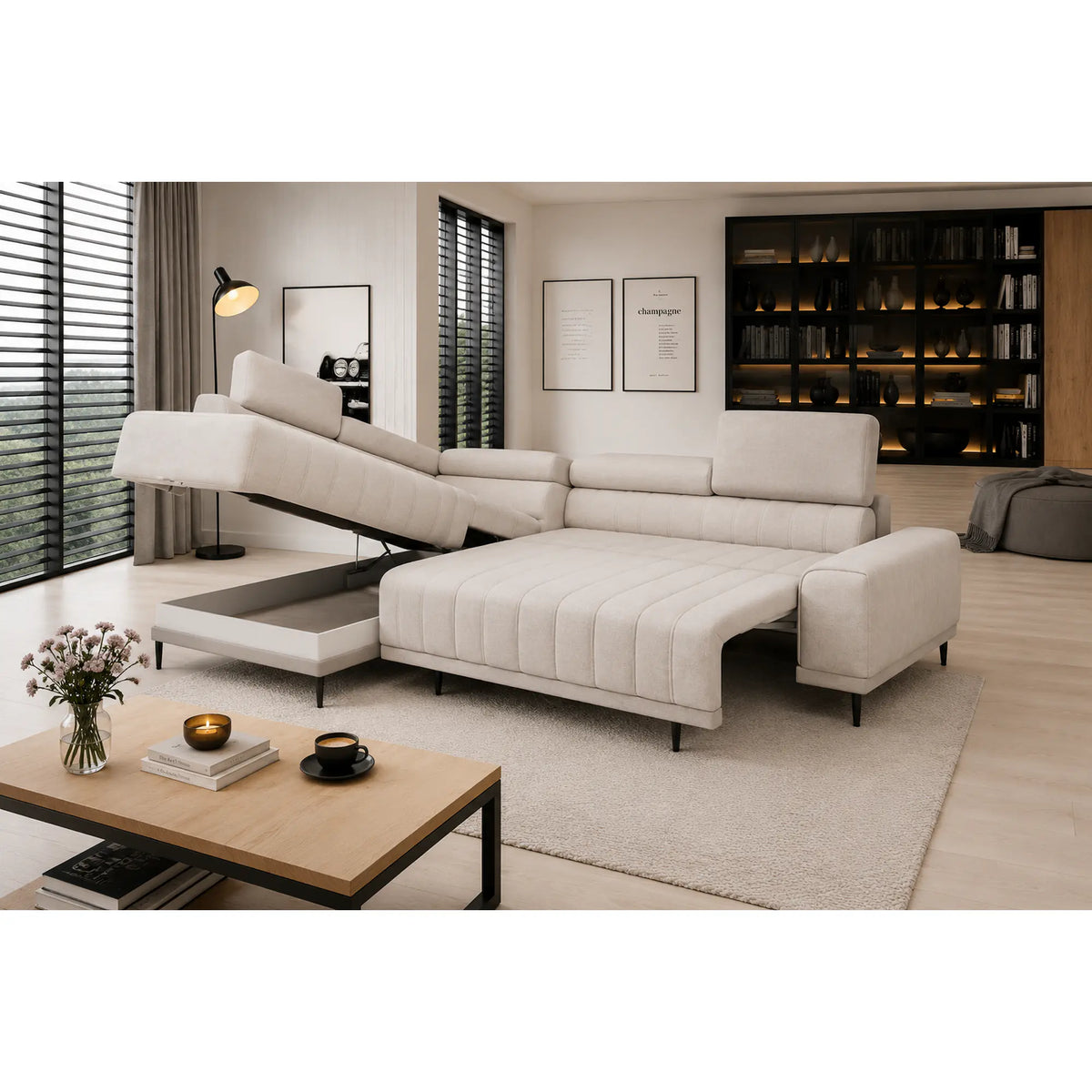 Coltar extensibil CALDO L, sezlong stanga, stofa catifelata crem - Salvador 01, cu lada depozitare si tetiere reglabile, 268x200x99 cm