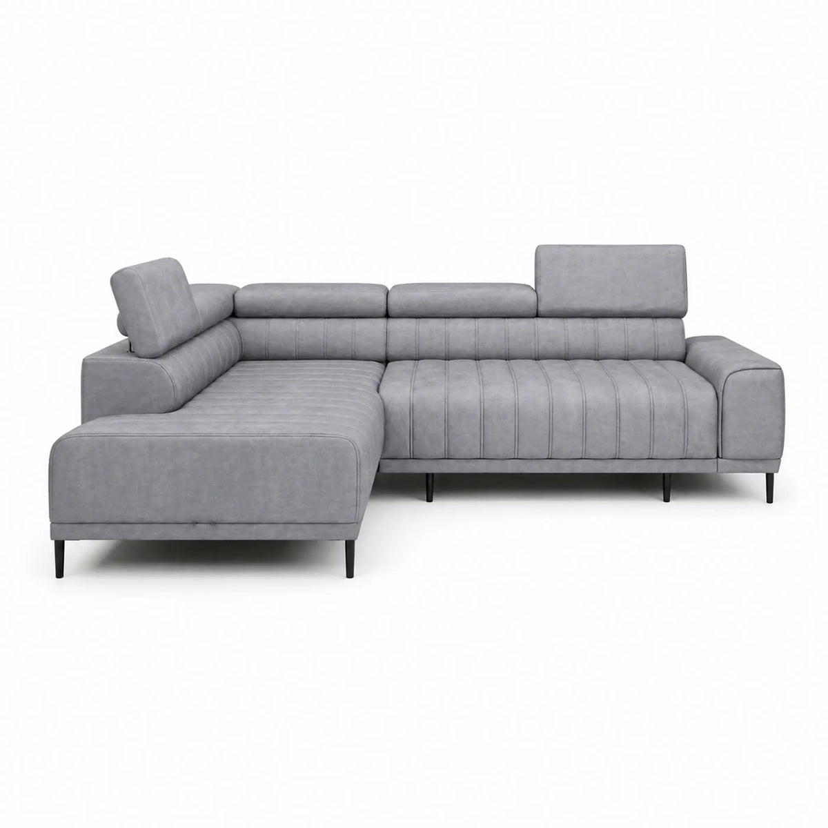 Coltar extensibil CALDO L, sezlong stanga, stofa catifelata gri - Whisper 17, cu lada depozitare si tetiere reglabile, 268x200x99 cm