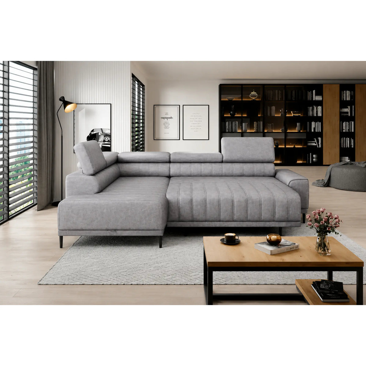 Coltar extensibil CALDO L, sezlong stanga, stofa catifelata gri - Whisper 17, cu lada depozitare si tetiere reglabile, 268x200x99 cm