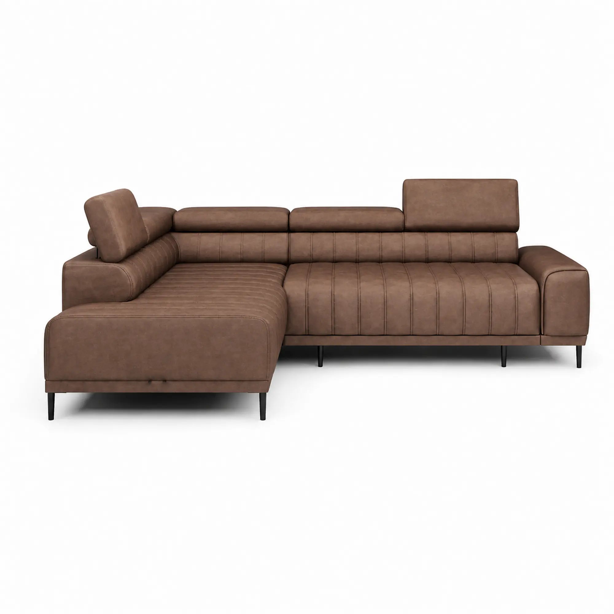 Coltar extensibil CALDO L, sezlong stanga, stofa catifelata maro - Salvador 04, cu lada depozitare si tetiere reglabile, 268x200x99 cm