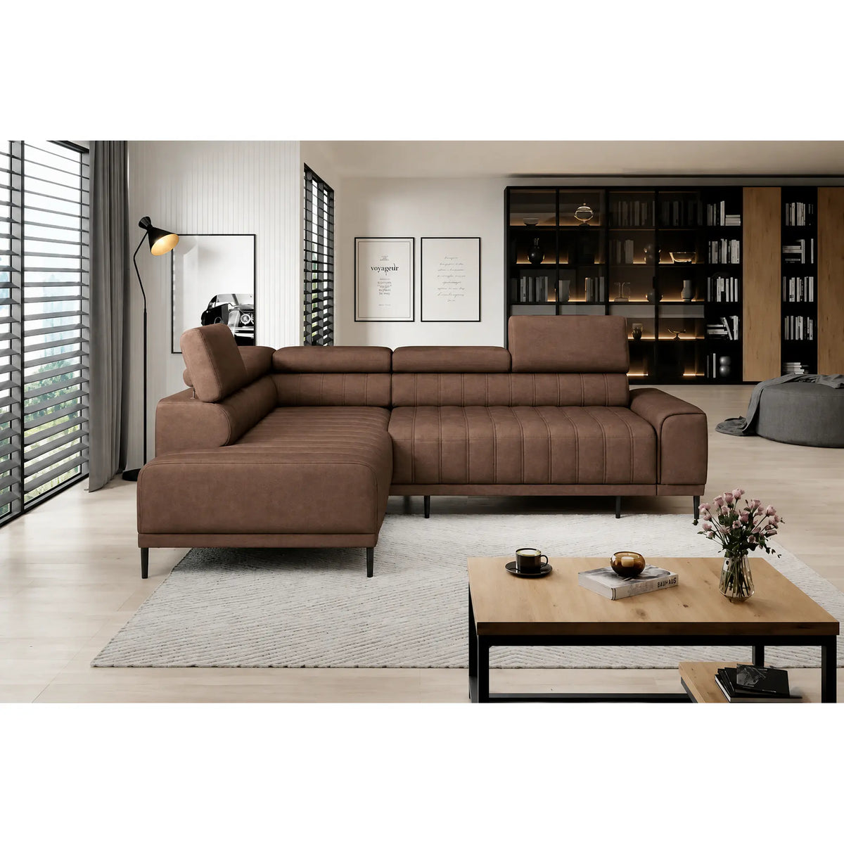 Coltar extensibil CALDO L, sezlong stanga, stofa catifelata maro - Salvador 04, cu lada depozitare si tetiere reglabile, 268x200x99 cm