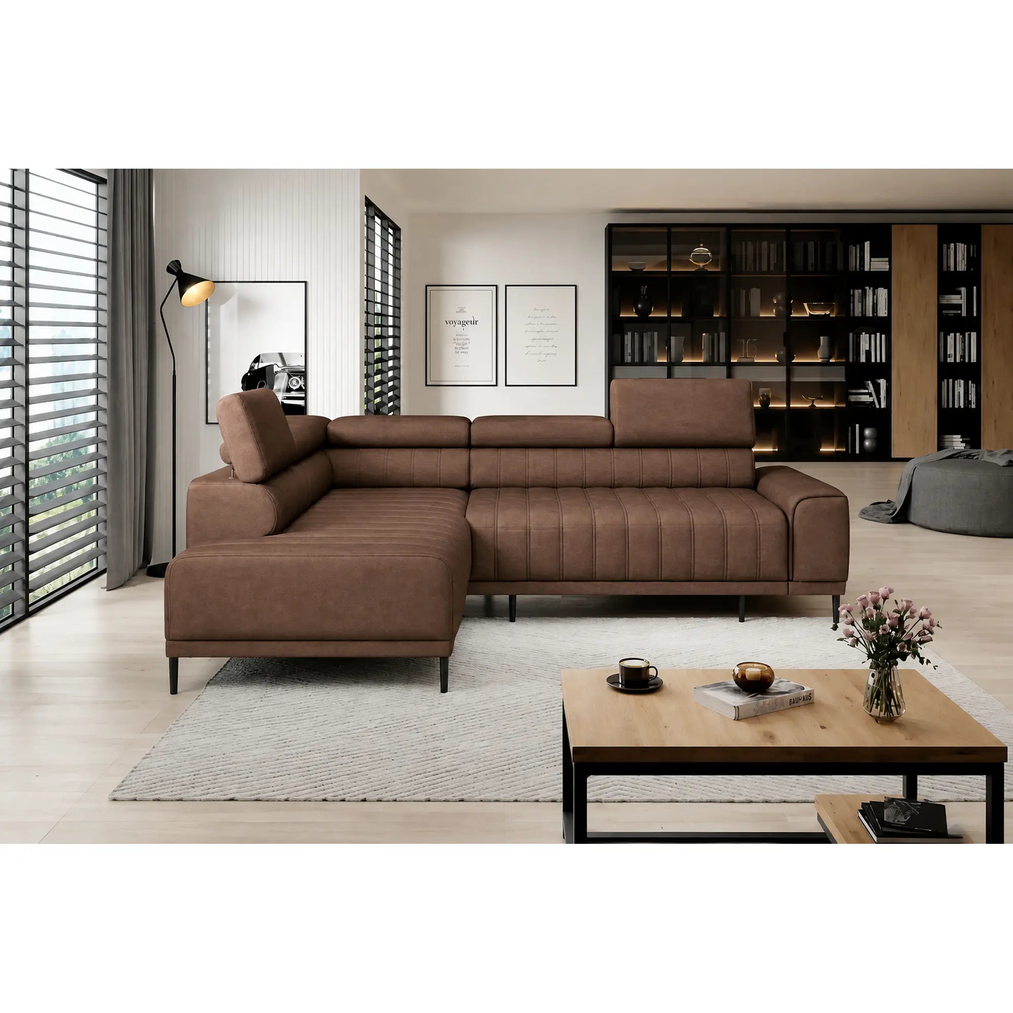 Coltar extensibil CALDO L, sezlong stanga, stofa catifelata maro - Salvador 04, cu lada depozitare si tetiere reglabile, 268x200x99 cm