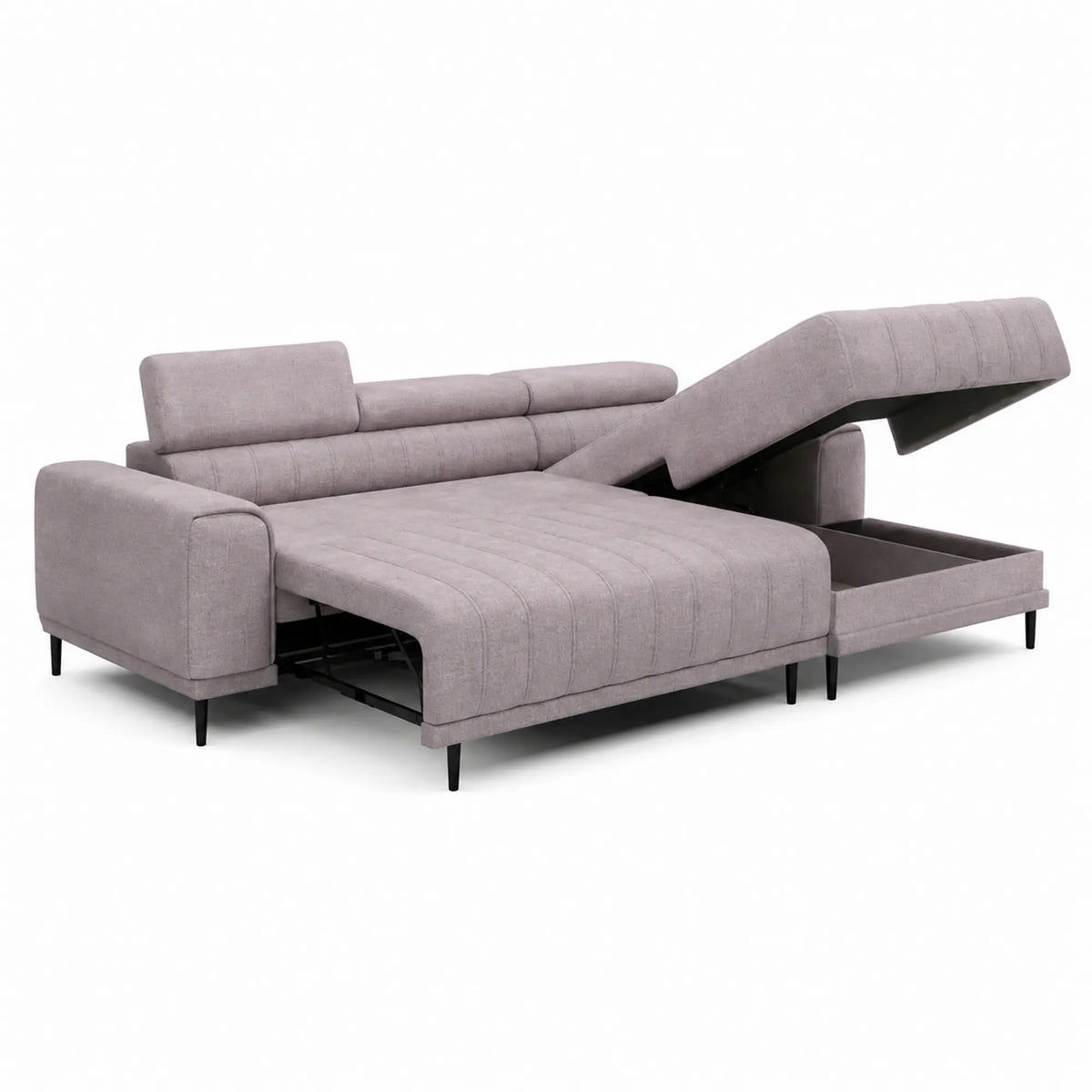 Coltar extensibil CALDO MINI, sezlong dreapta, stofa catifelata bej - Whisper 03, cu lada depozitare si tetiere reglabile, 272x178x99 cm