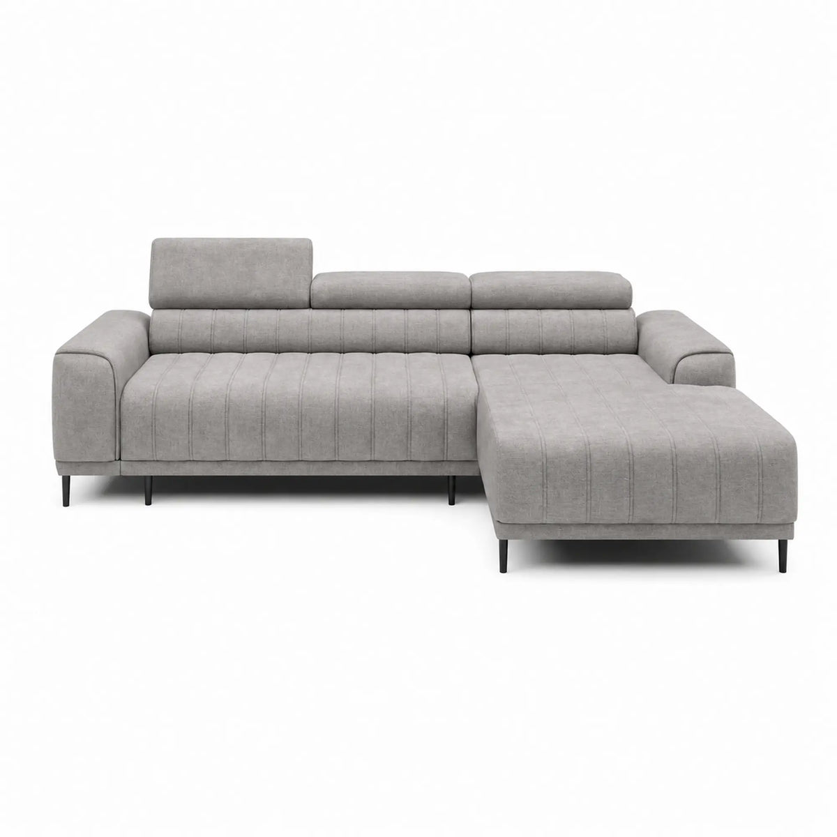 Coltar extensibil CALDO MINI, sezlong dreapta, stofa catifelata gri deschis - Cloud 81, cu lada depozitare si tetiere reglabile, 272x178x99 cm