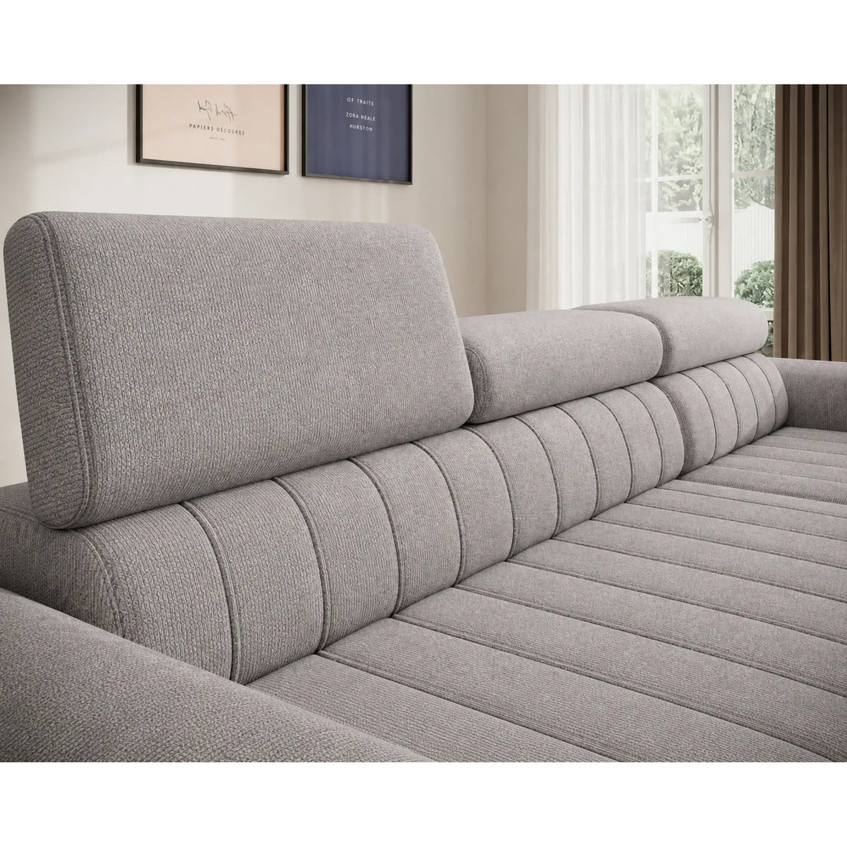 Coltar extensibil CALDO MINI, sezlong dreapta, stofa catifelata gri deschis - Cloud 81, cu lada depozitare si tetiere reglabile, 272x178x99 cm