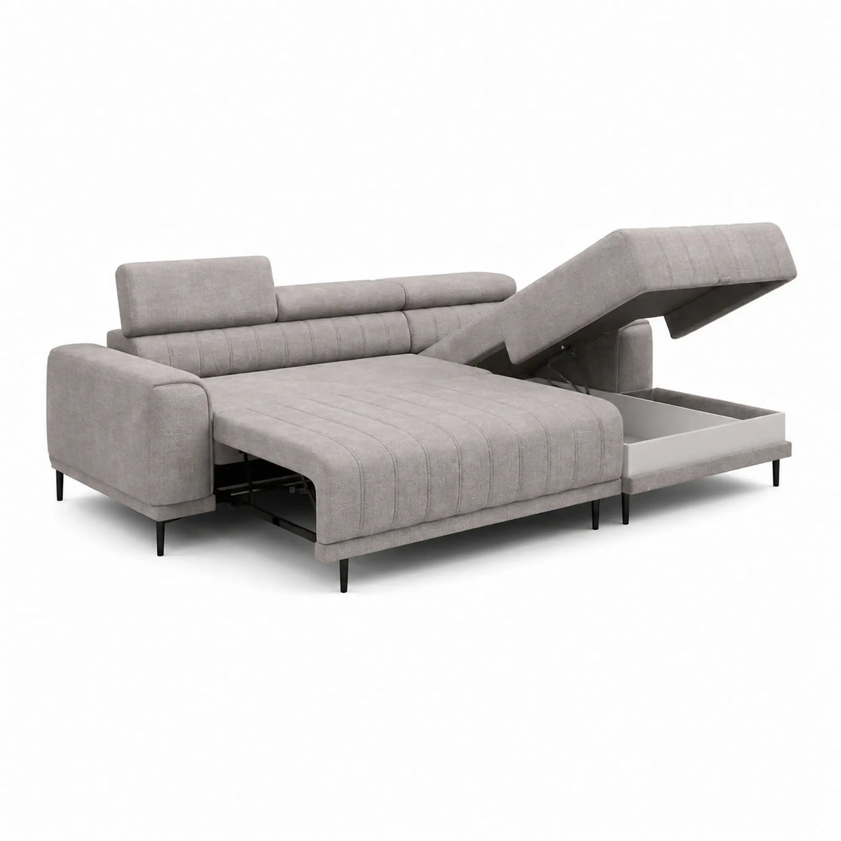 Coltar extensibil CALDO MINI, sezlong dreapta, stofa catifelata gri deschis - Cloud 81, cu lada depozitare si tetiere reglabile, 272x178x99 cm