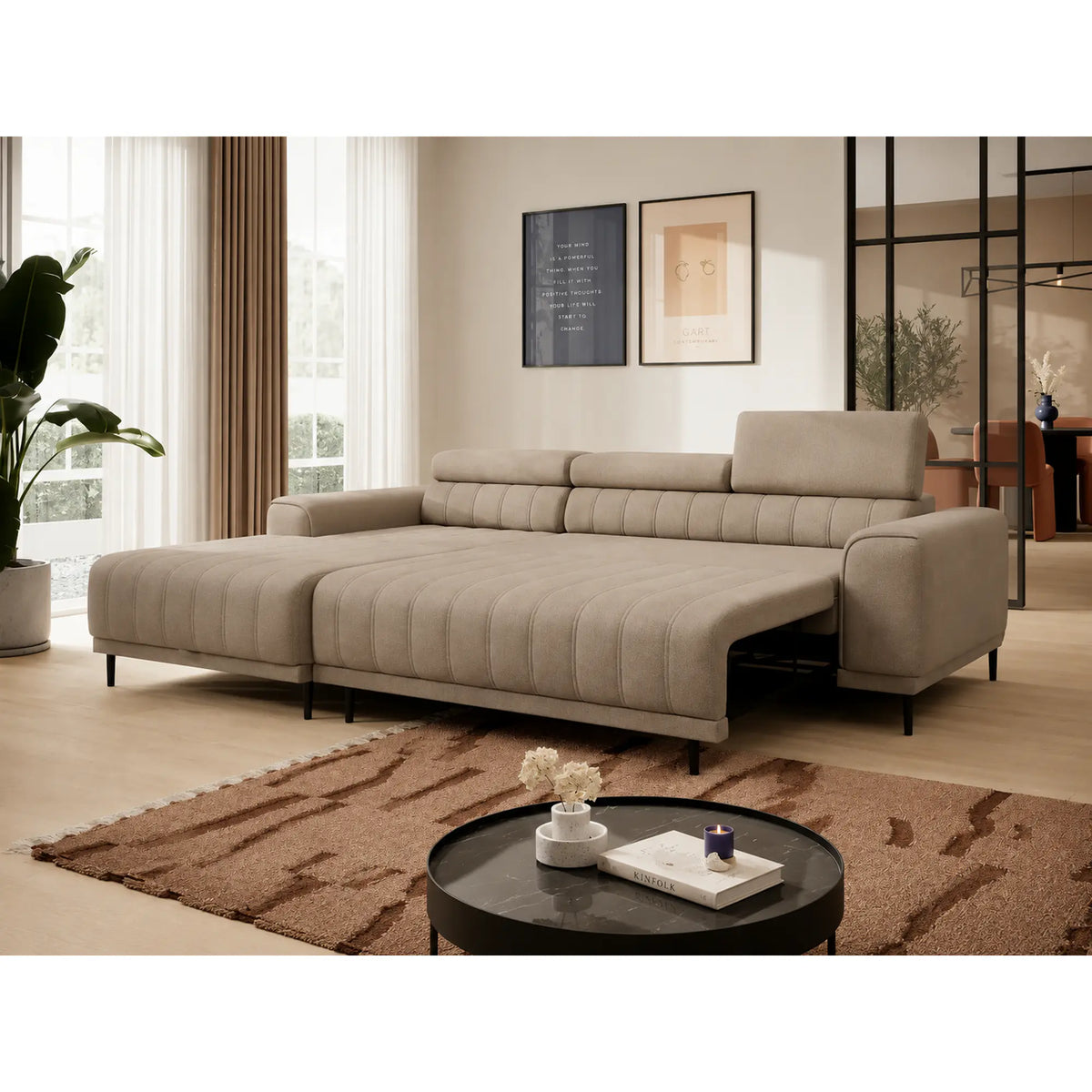 Coltar extensibil CALDO MINI, sezlong stanga, stofa catifelata bej - Riviera 16, cu lada depozitare si tetiere reglabile, 272x178x99 cm